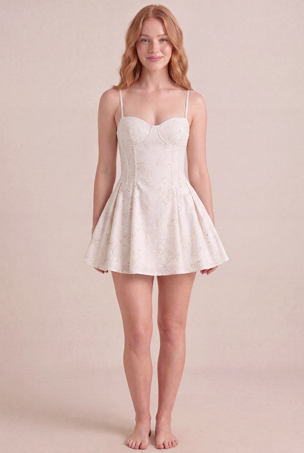 Ivory Whisper Floral Dress – Corset sweetheart bustier, mini length, front view