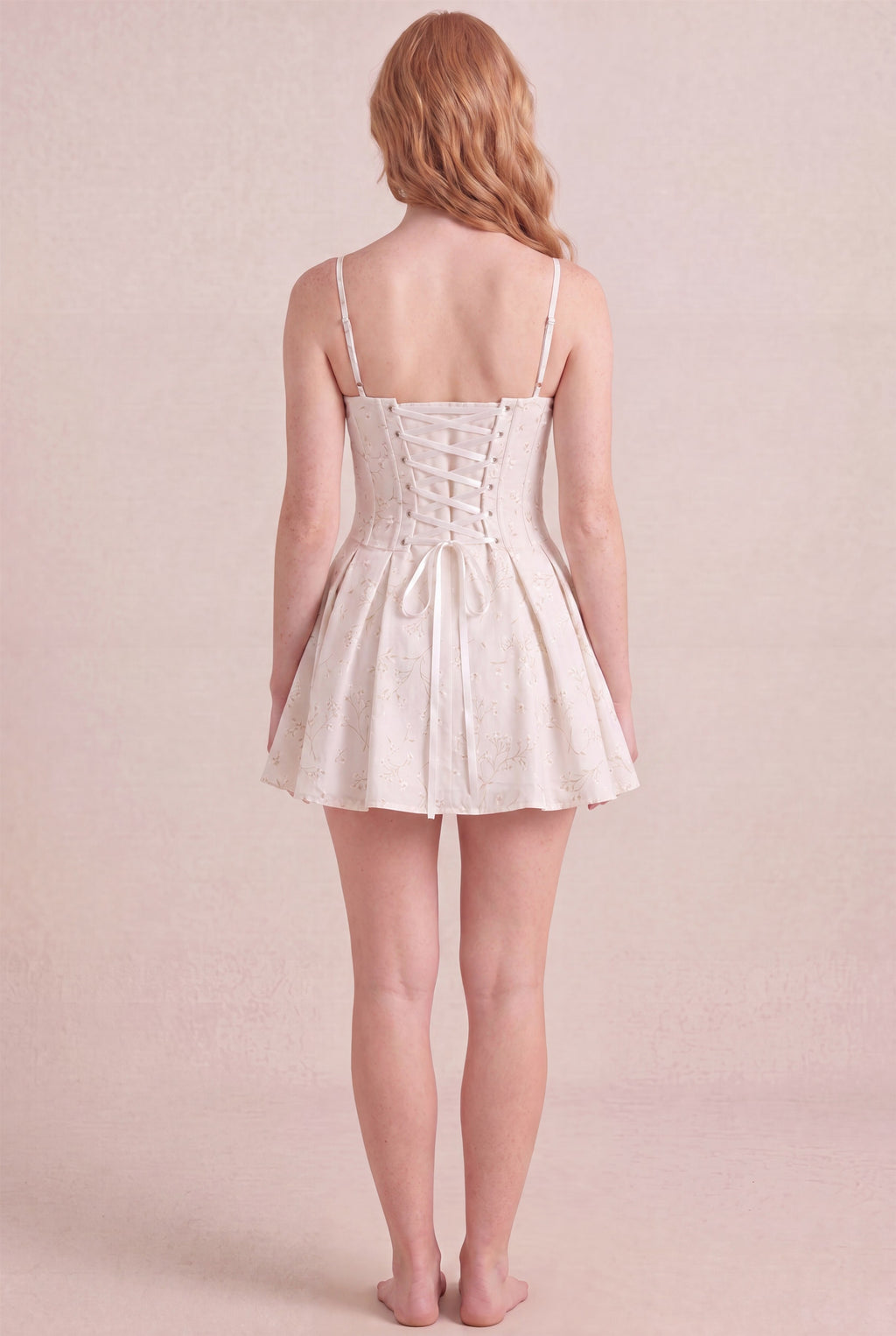 Ivory Whisper Floral Dress – Corset lace-up back, mini length, back view