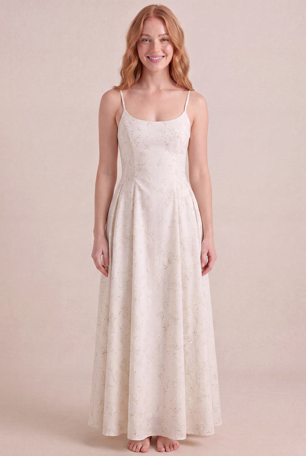 Ivory Whisper Floral Dress – Regular scoop neckline, maxi length, front view