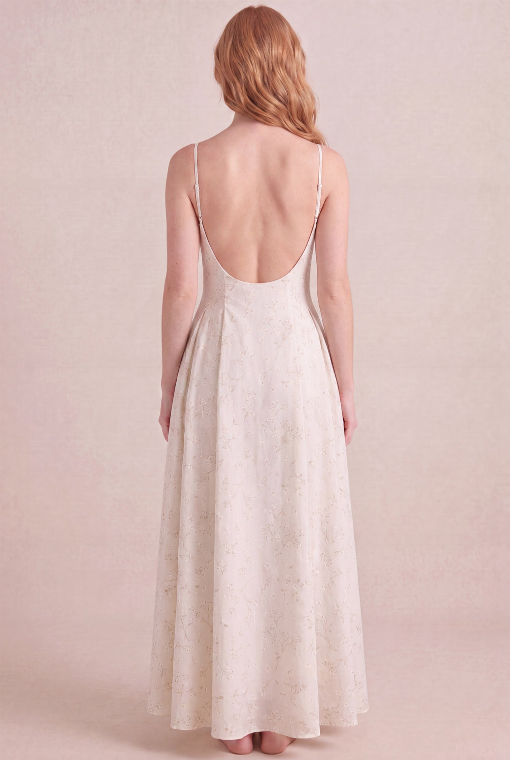 Ivory Whisper Floral Dress – Regular scoop back, maxi length, back view