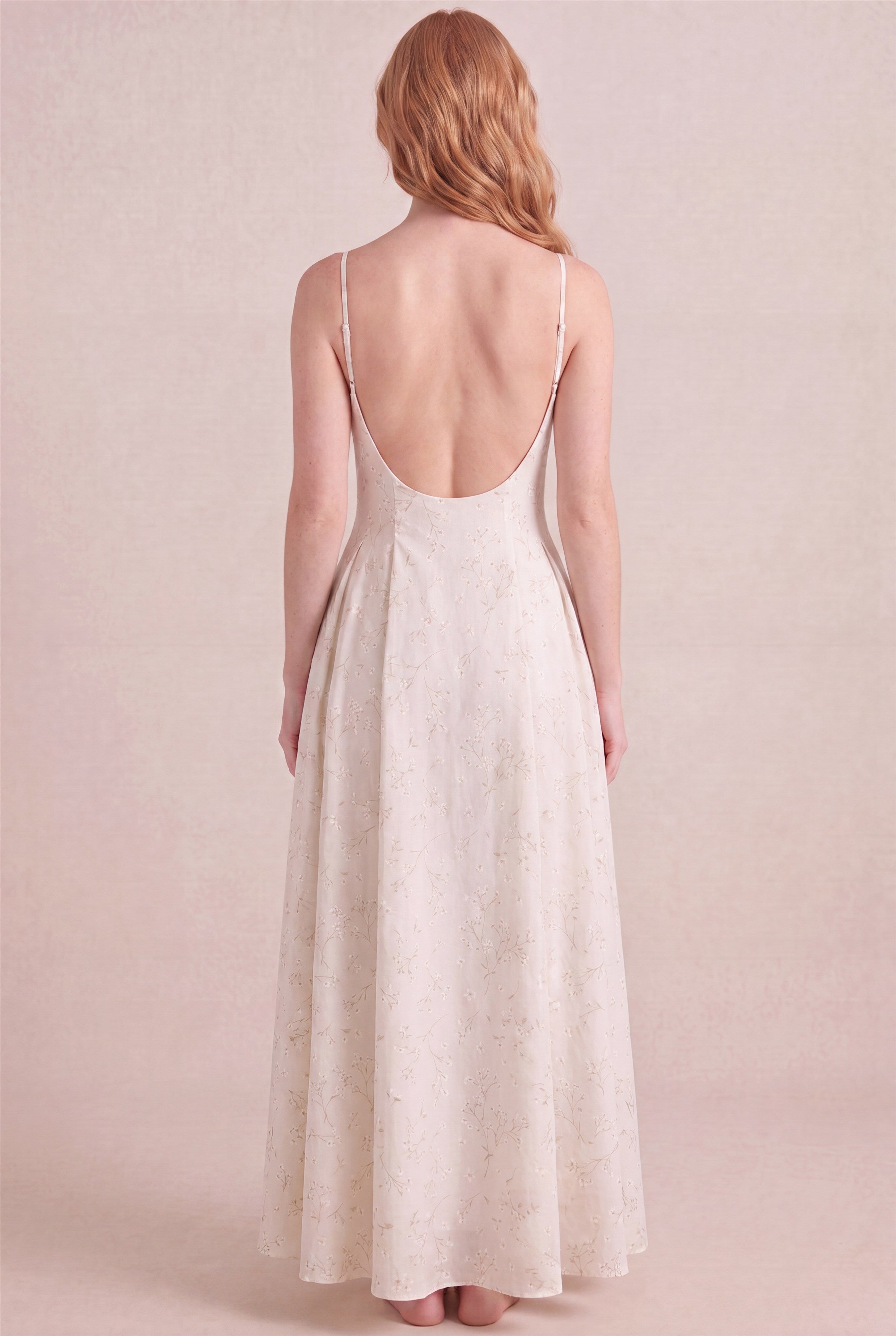 Ivory Whisper Floral Dress – Regular scoop back, maxi length, back view
