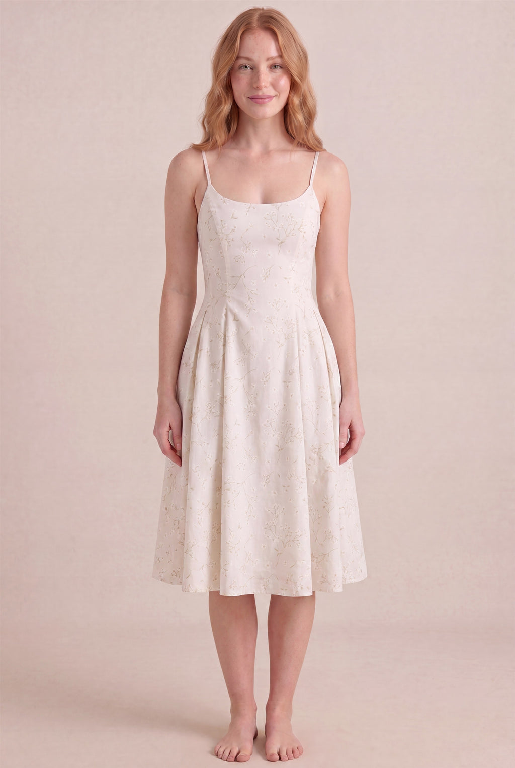 Ivory Whisper Floral Dress – Regular scoop neckline, midi length, front view