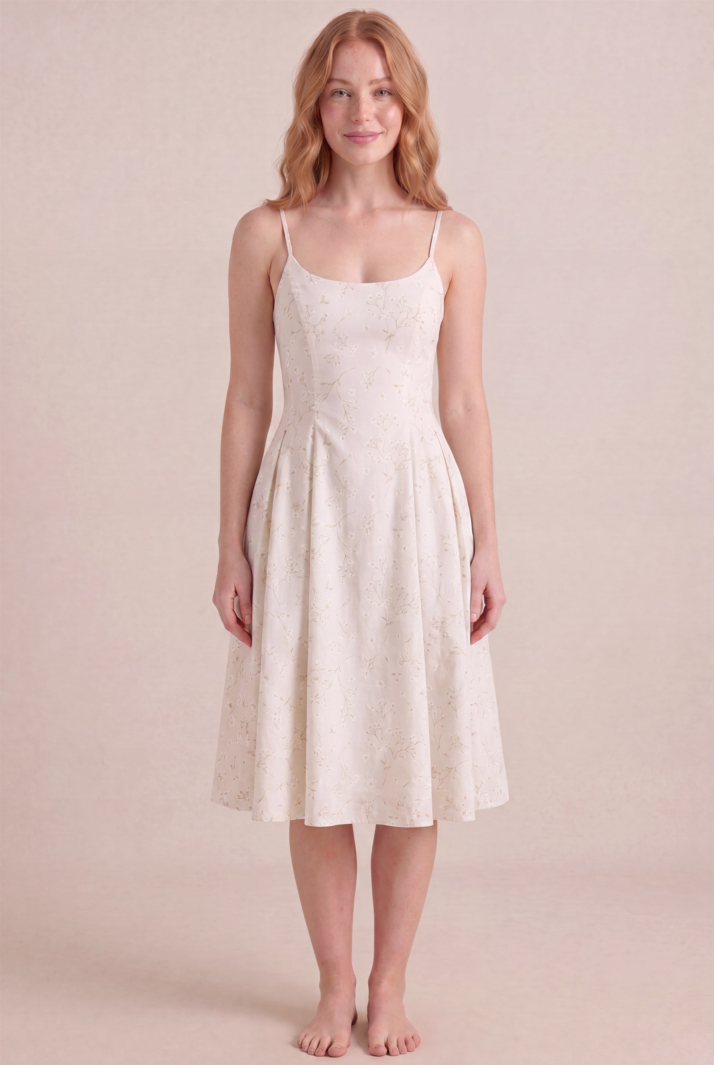 Ivory Whisper Floral Dress – Regular scoop neckline, midi length, front view