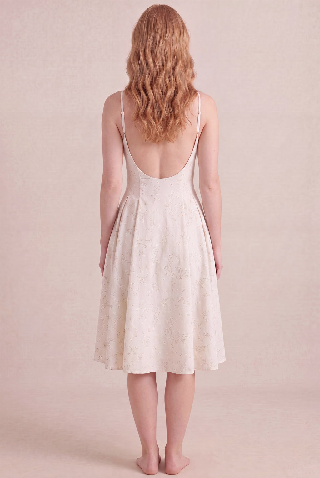 Ivory Whisper Floral Dress – Regular scoop back, midi length, back view