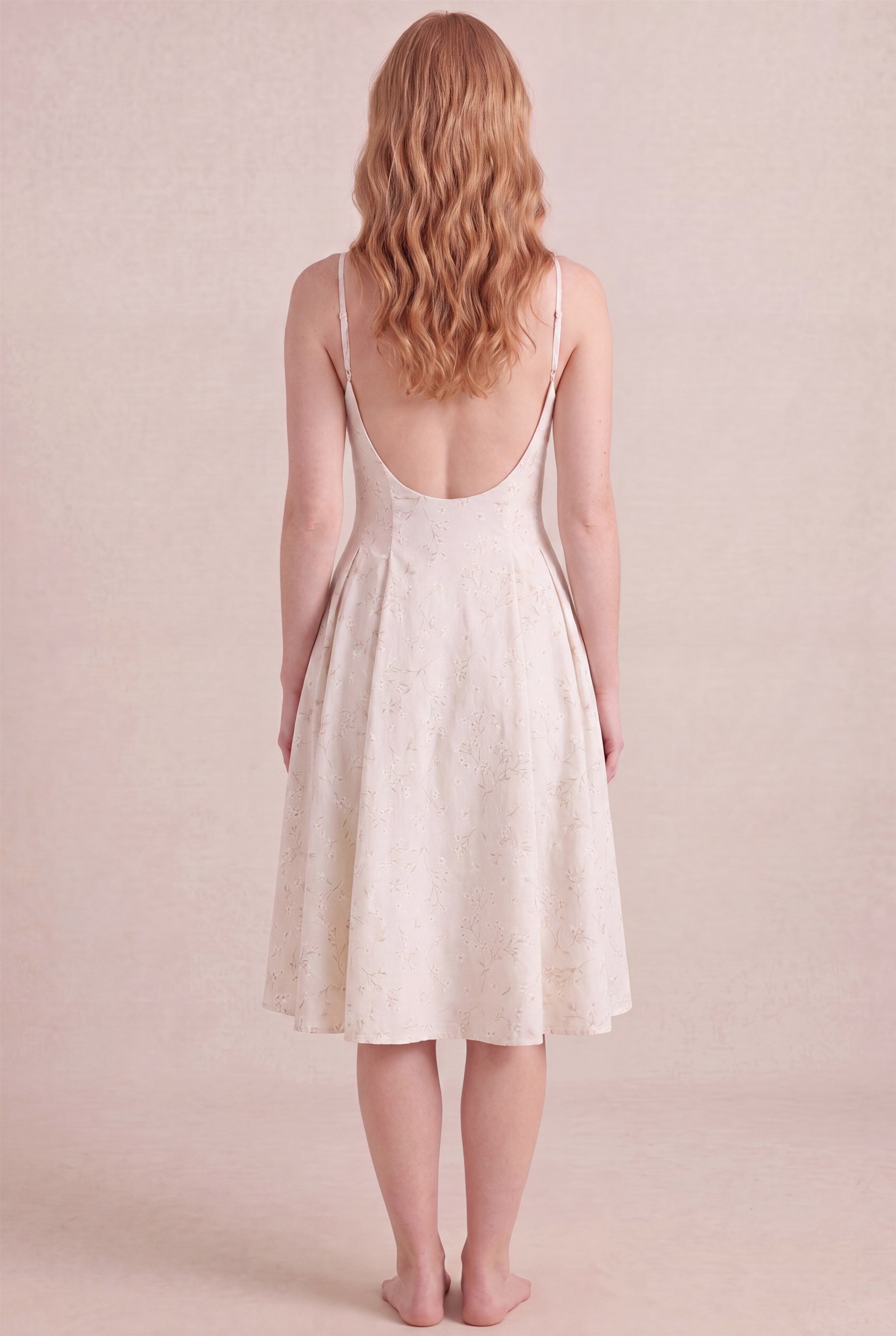 Ivory Whisper Floral Dress – Regular scoop back, midi length, back view