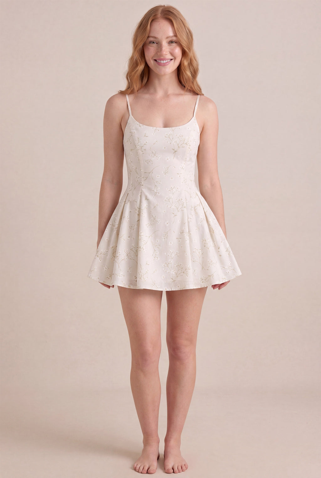 Ivory Whisper Floral Dress – Regular scoop neckline, mini length, front view