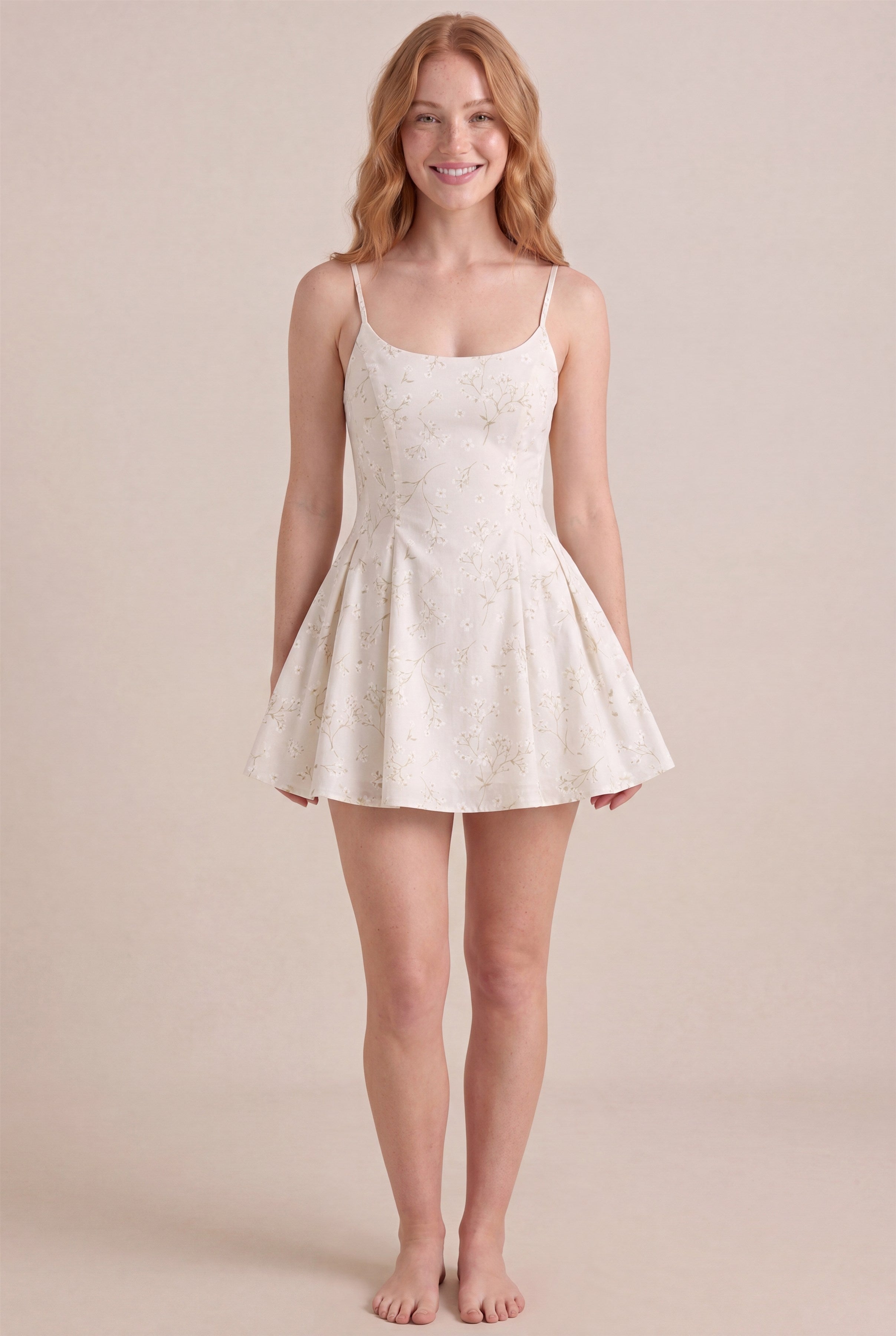 Ivory Whisper Floral Dress – Regular scoop neckline, mini length, front view