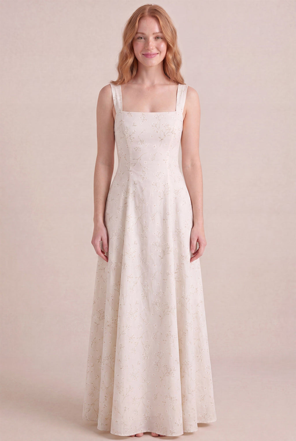 Ivory Whisper Floral Dress – Square neckline thick straps, maxi length, front view
