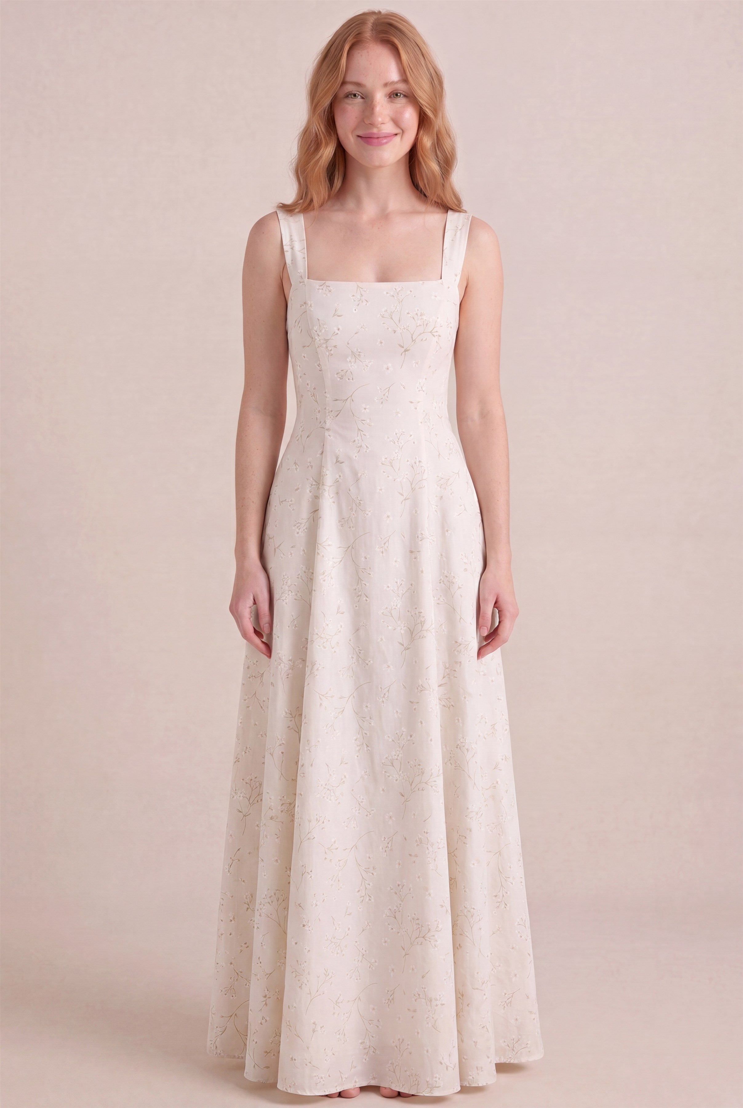 Ivory Whisper Floral Dress – Square neckline thick straps, maxi length, front view