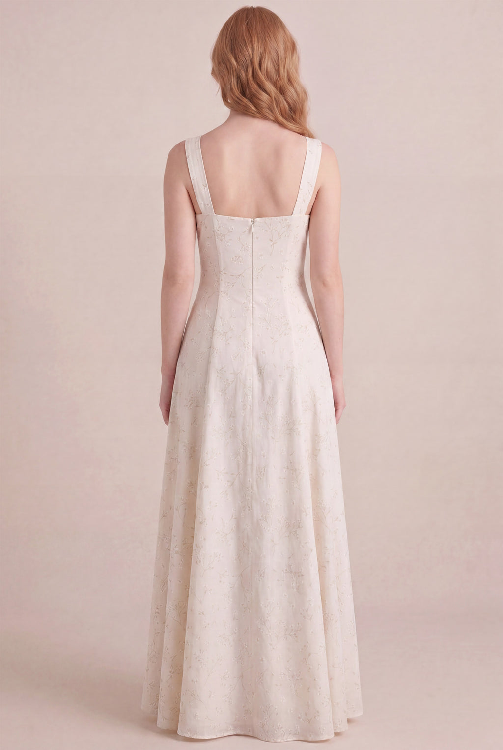 Ivory Whisper Floral Dress – Square neck thick straps back, maxi length, back view