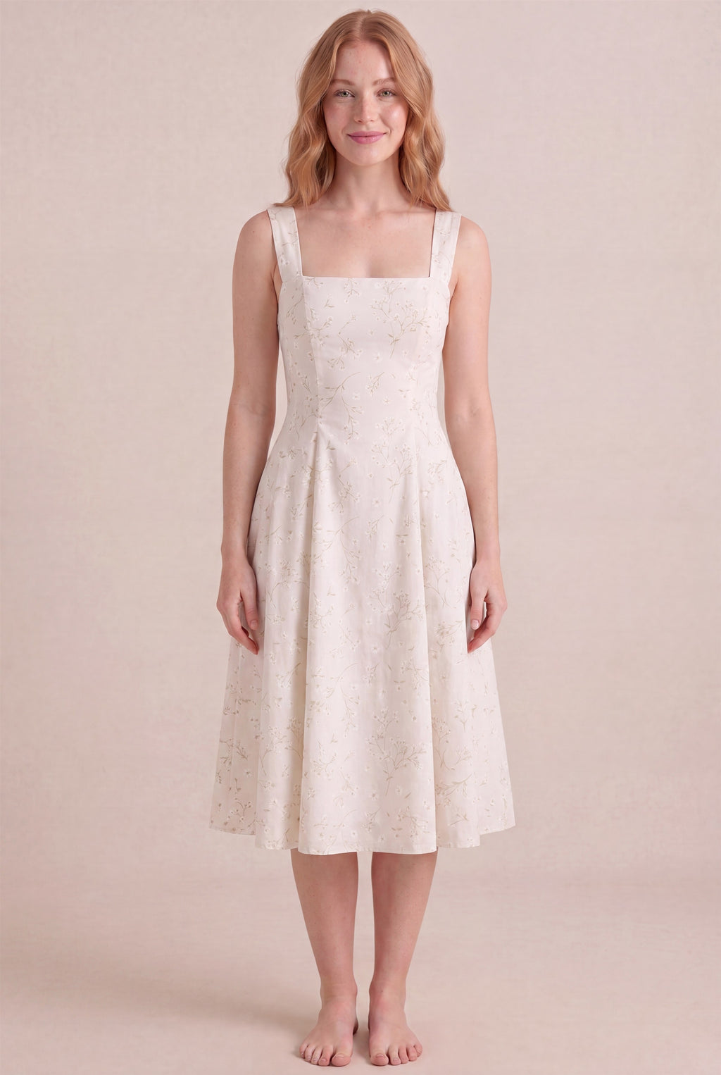 Ivory Whisper Floral Dress – Square neckline thick straps, midi length, front view