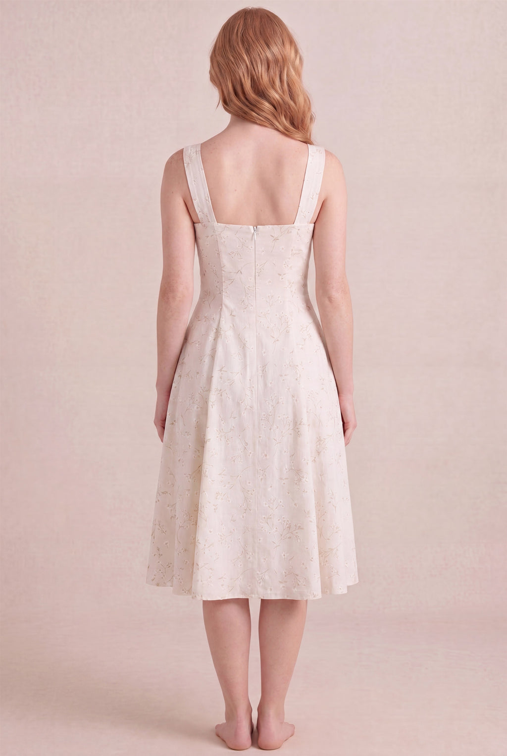 Ivory Whisper Floral Dress – Square neck thick straps back, midi length, back view