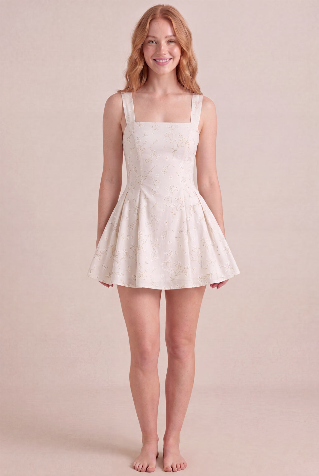 Ivory Whisper Floral Dress – Square neckline thick straps, mini length, front view