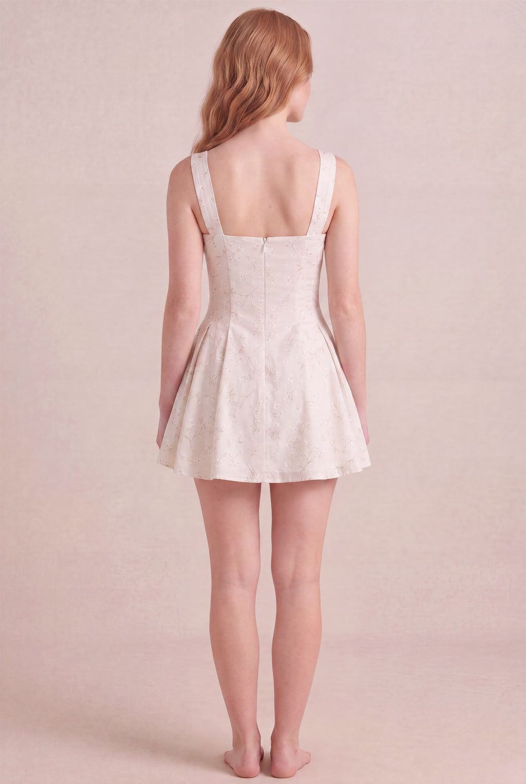 Ivory Whisper Floral Dress – Square neck thick straps back, mini length, back view