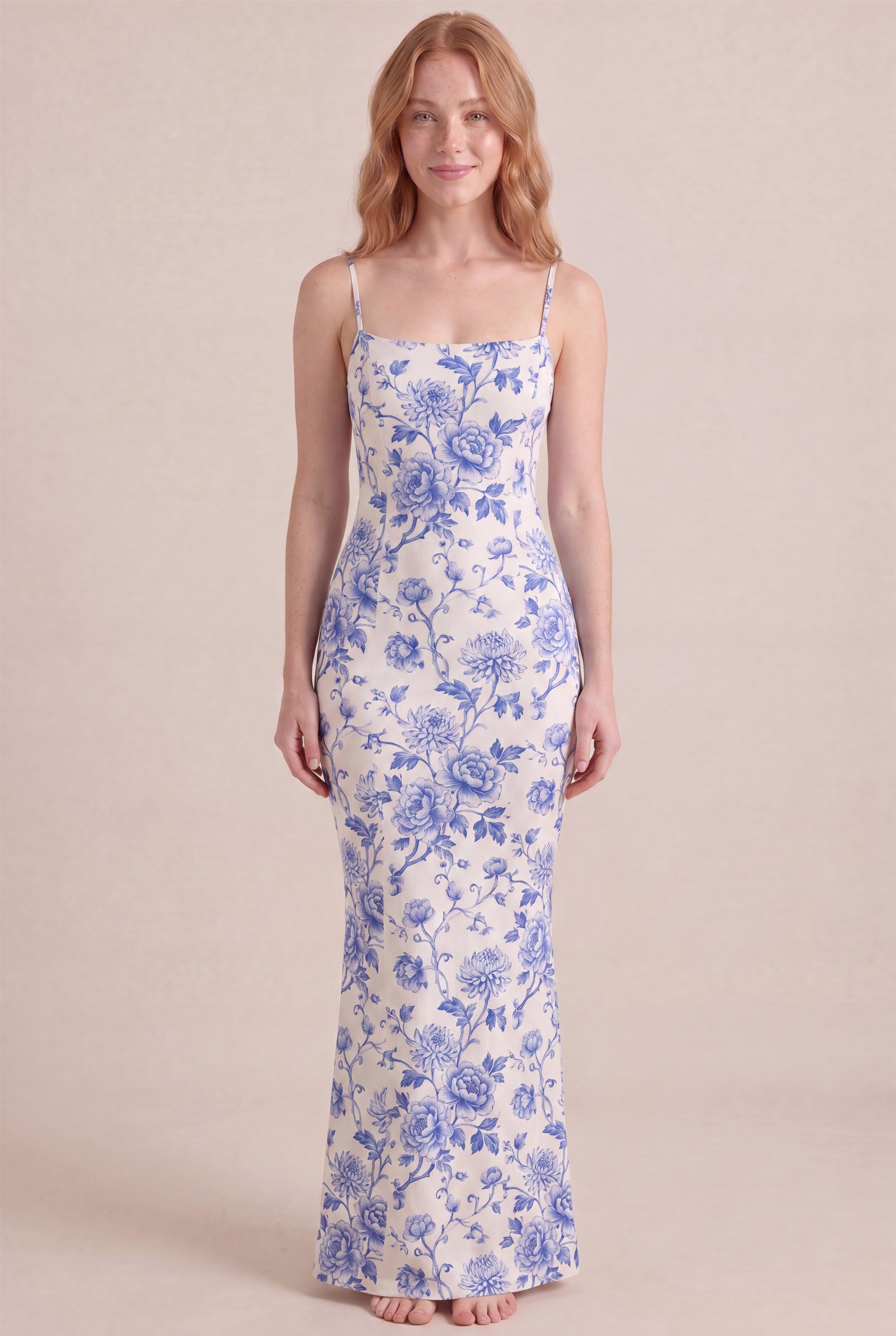 Porcelain Blue Floral Dress – Bodycon body-hugging column, maxi length, front view