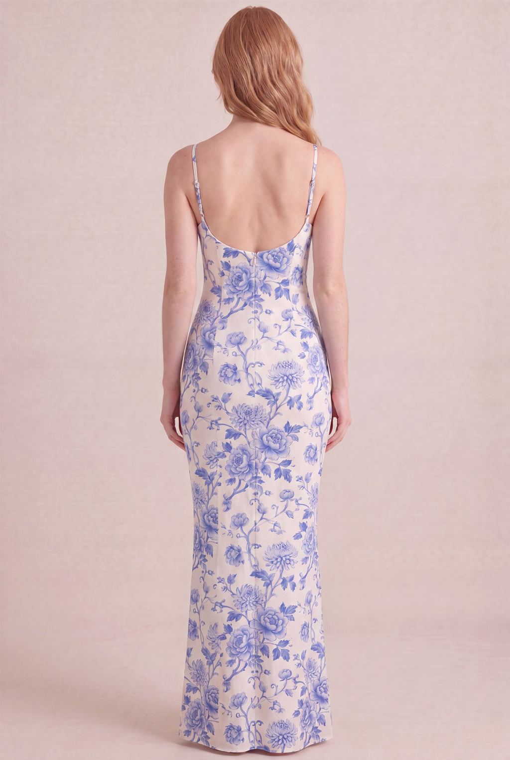 Porcelain Blue Floral Dress – Bodycon low scoop back, maxi length, back view