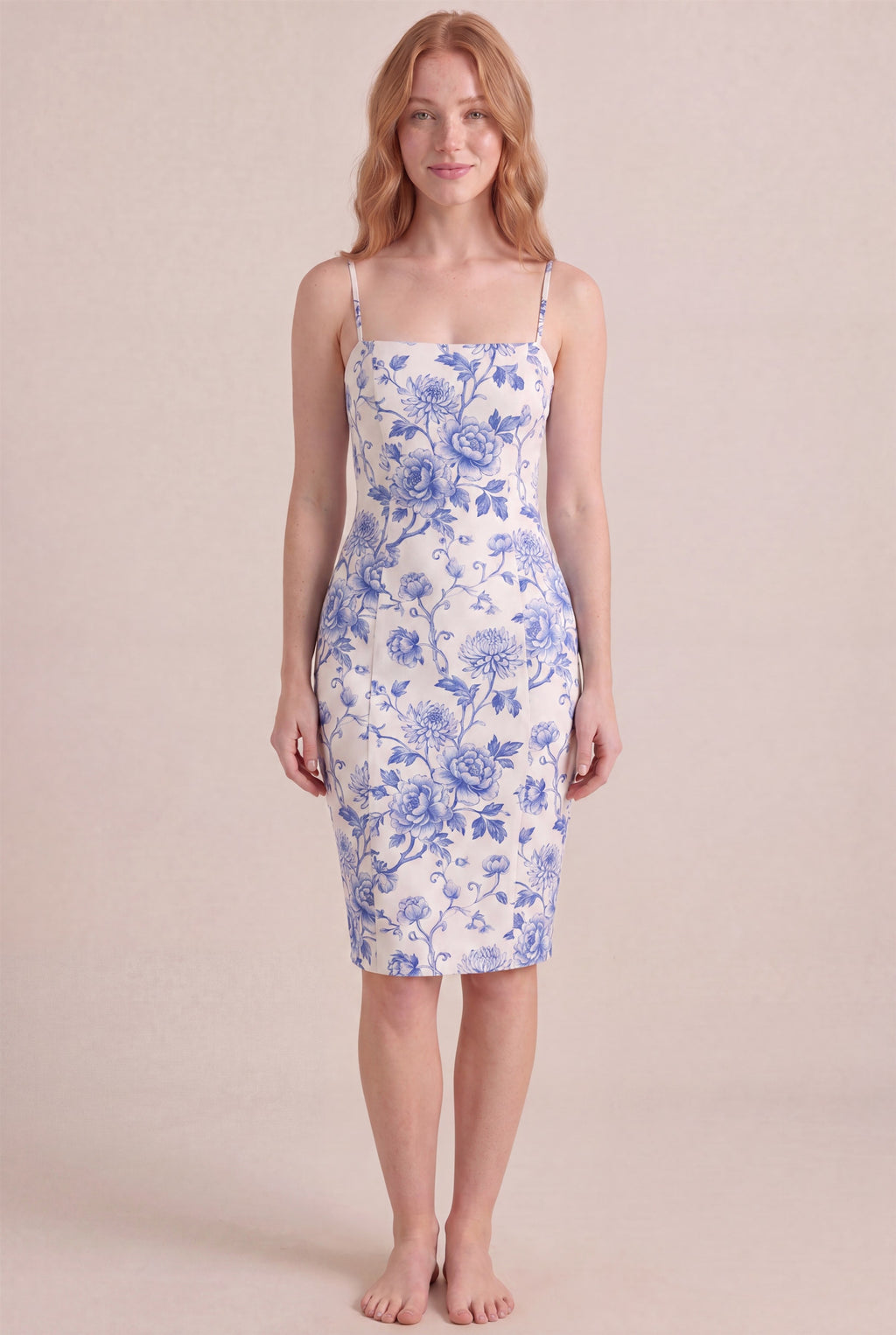 Porcelain Blue Floral Dress – Bodycon body-hugging fit, midi length, front view