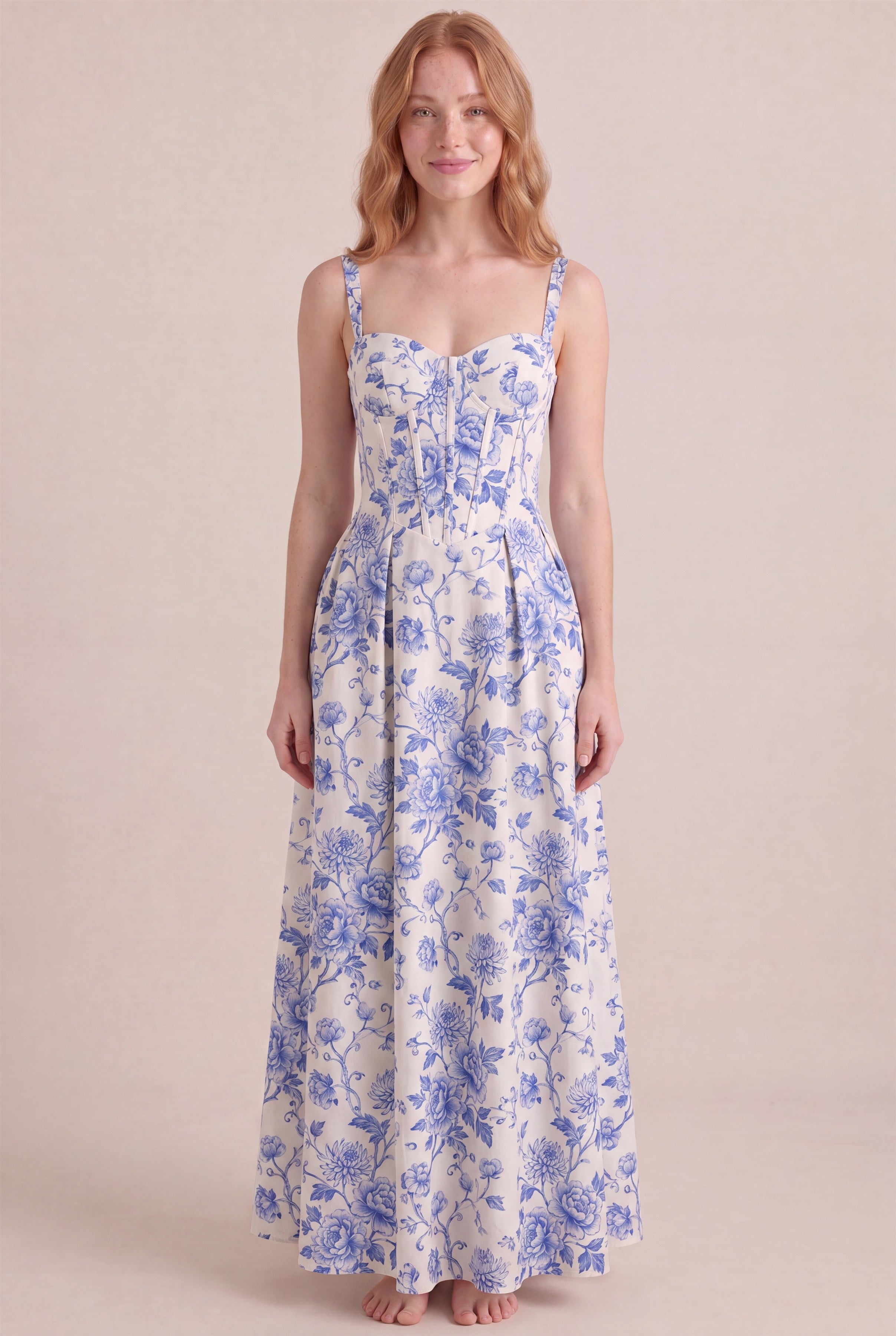 Porcelain Blue Floral Dress – Corset sweetheart bustier, maxi length, front view