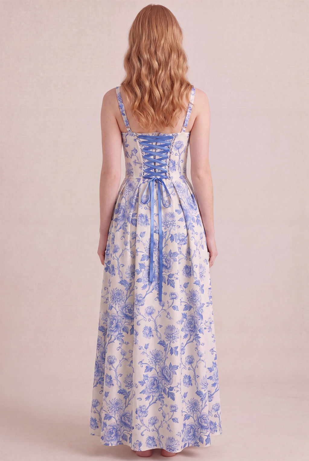 Porcelain Blue Floral Dress – Corset lace-up back, maxi length, back view