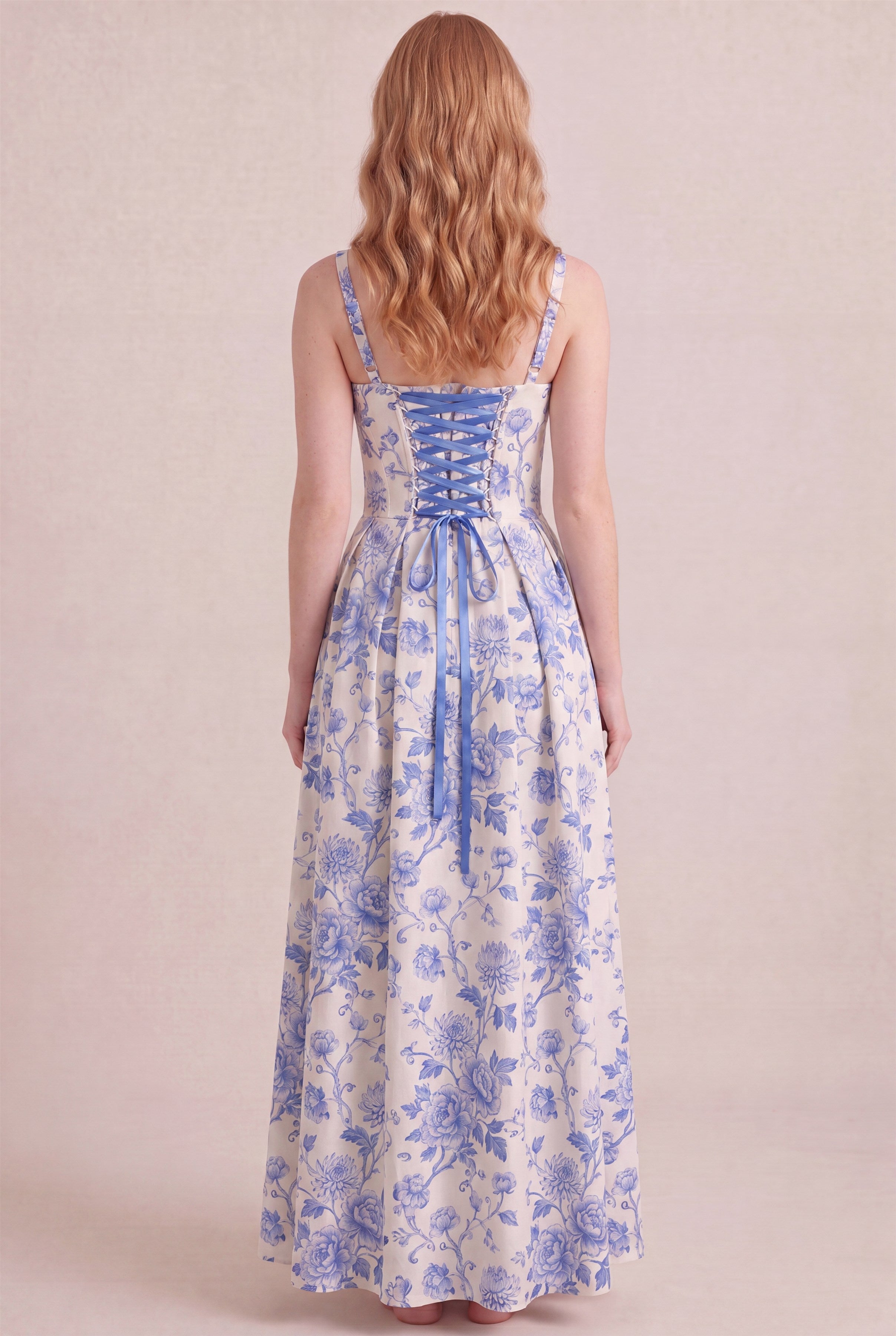 Porcelain Blue Floral Dress – Corset lace-up back, maxi length, back view