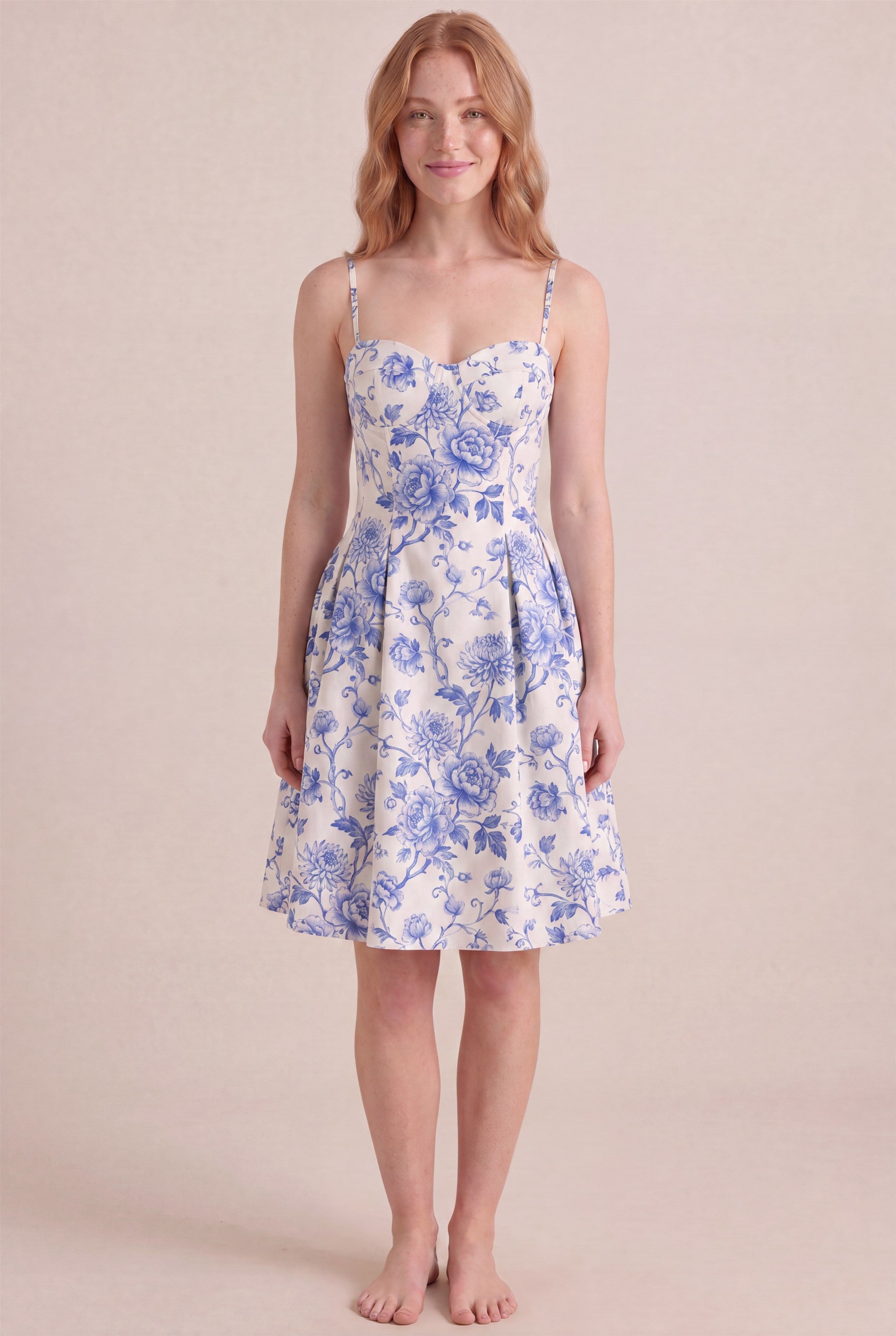 Porcelain Blue Floral Dress – Corset sweetheart bustier, midi length, front view