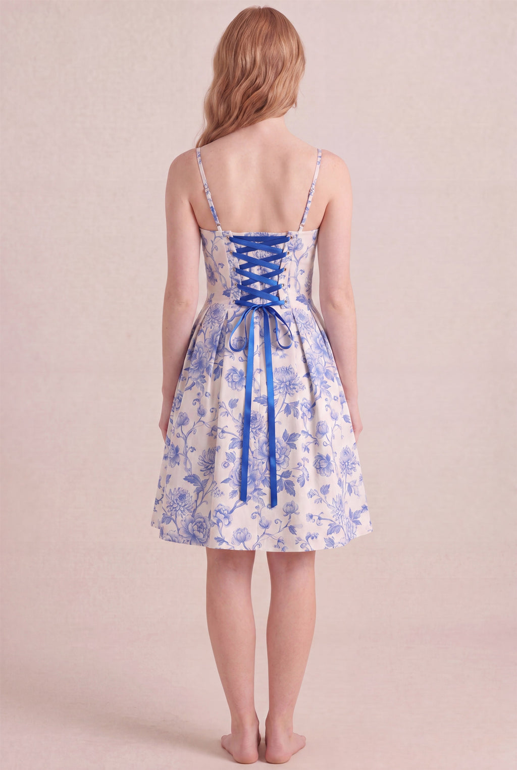 Porcelain Blue Floral Dress – Corset lace-up back, midi length, back view