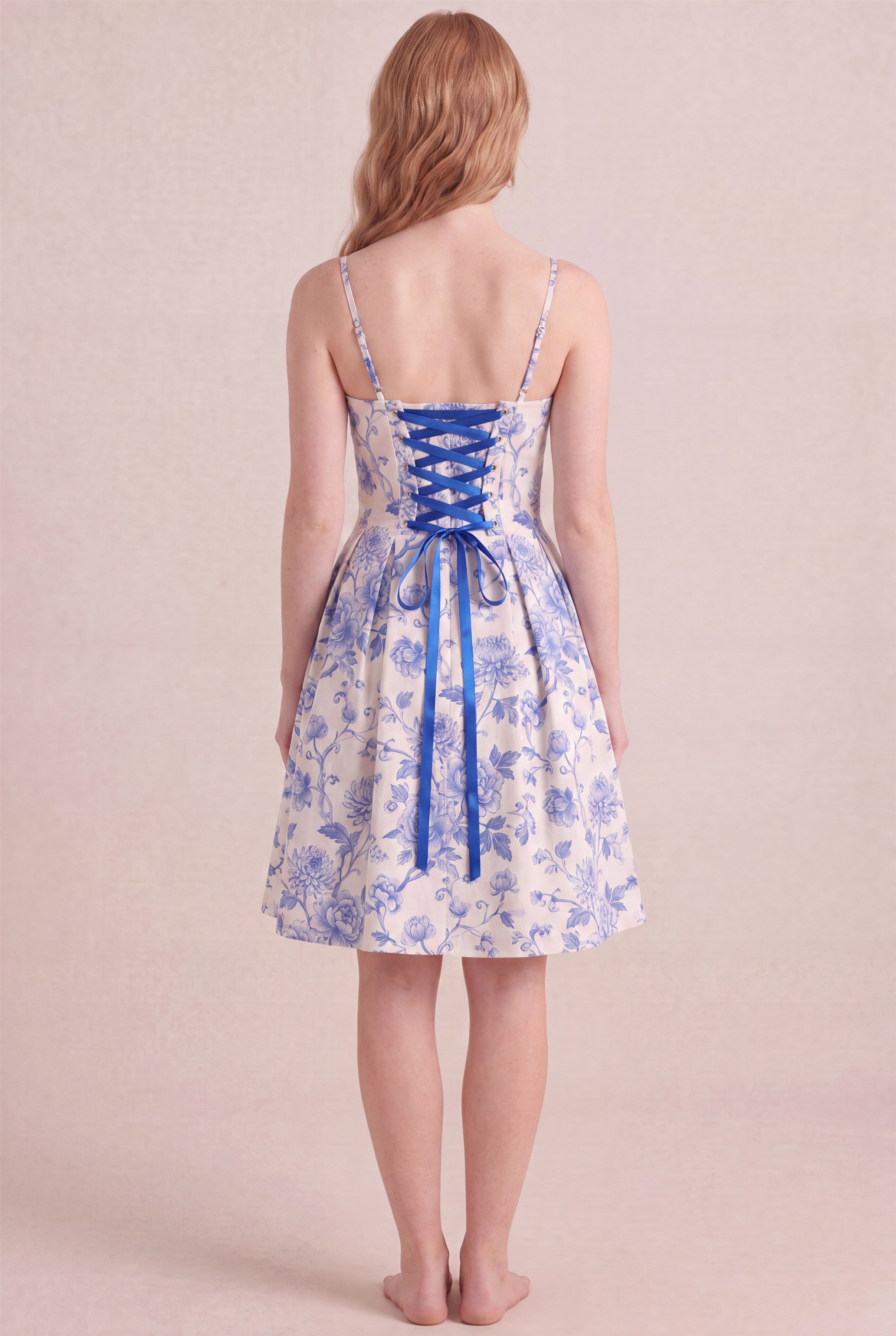 Porcelain Blue Floral Dress – Corset lace-up back, midi length, back view