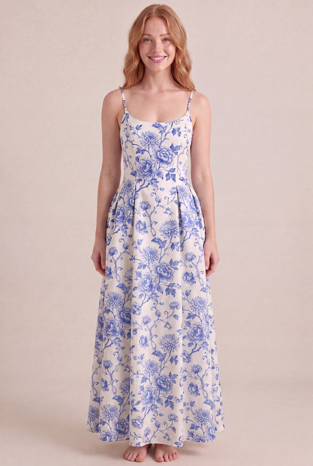 Porcelain Blue Floral Dress – Regular scoop neckline, maxi length, front view