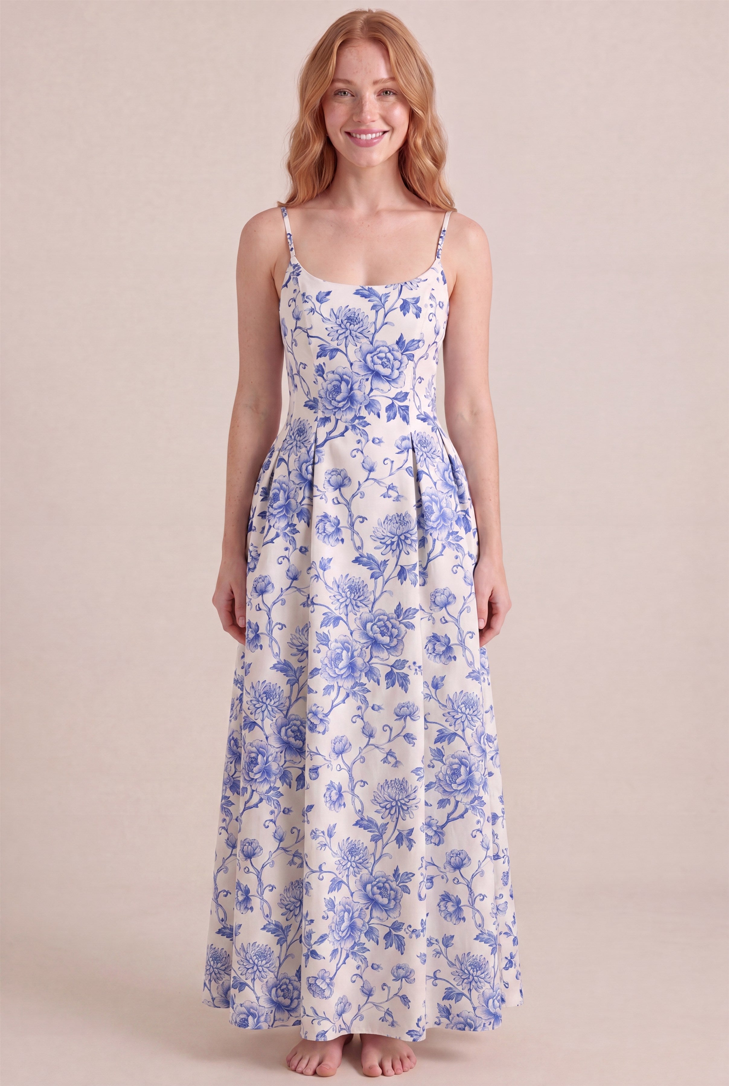 Porcelain Blue Floral Dress – Regular scoop neckline, maxi length, front view