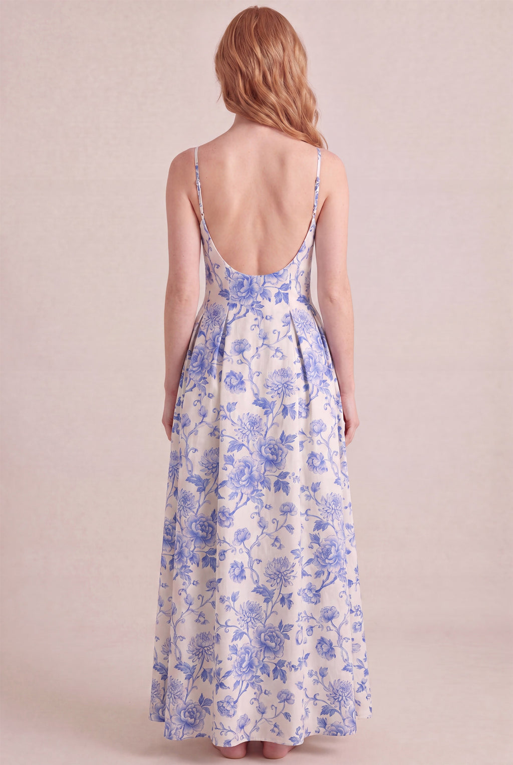 Porcelain Blue Floral Dress – Regular scoop back, maxi length, back view