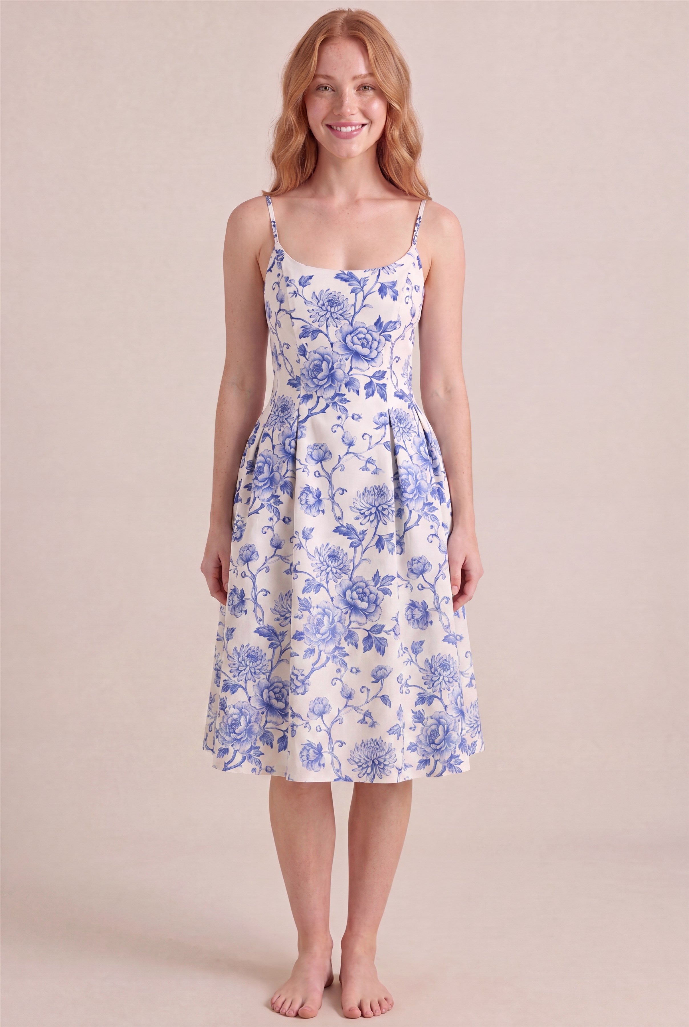 Porcelain Blue Floral Dress – Regular scoop neckline, midi length, front view