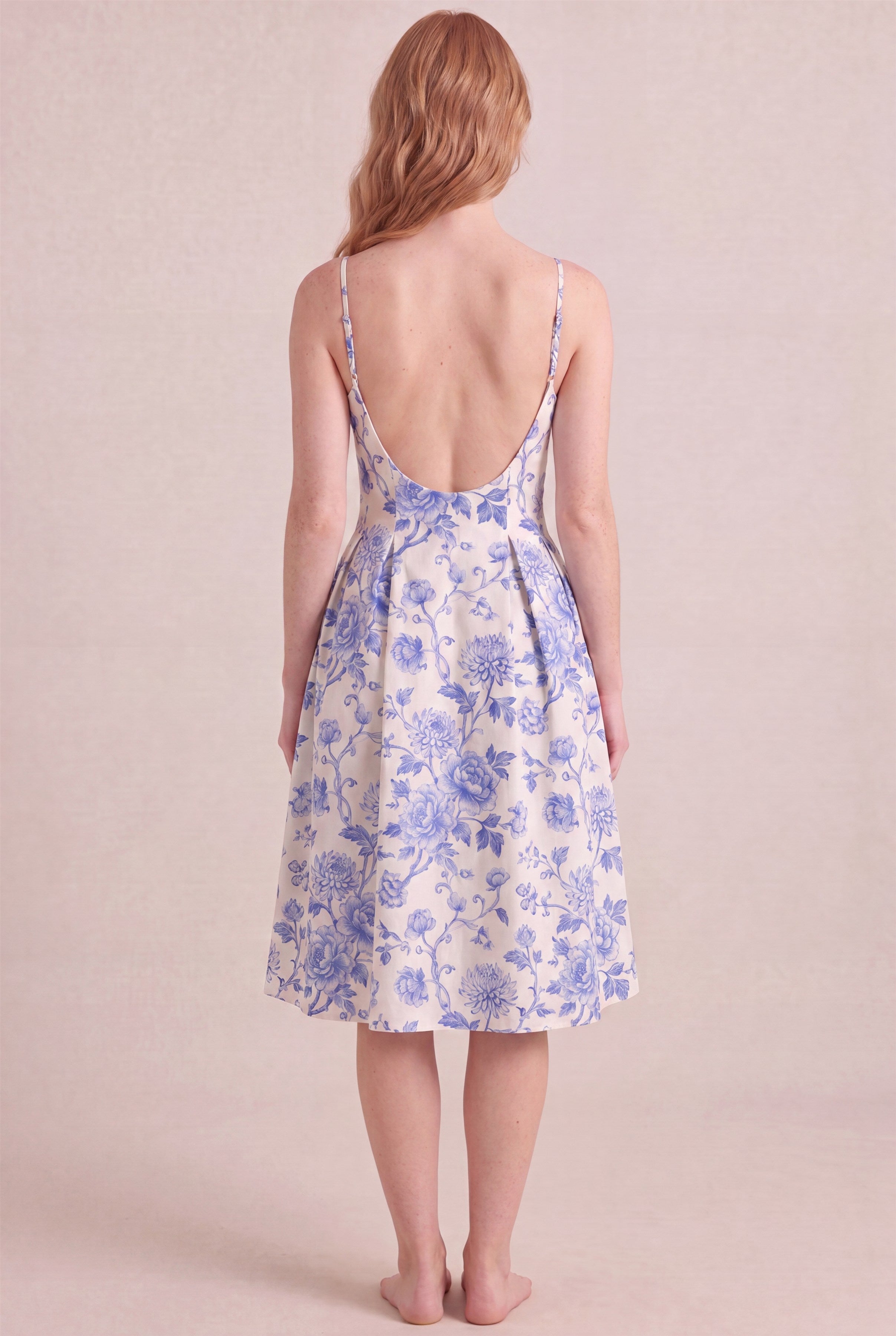 Porcelain Blue Floral Dress – Regular scoop back, midi length, back view