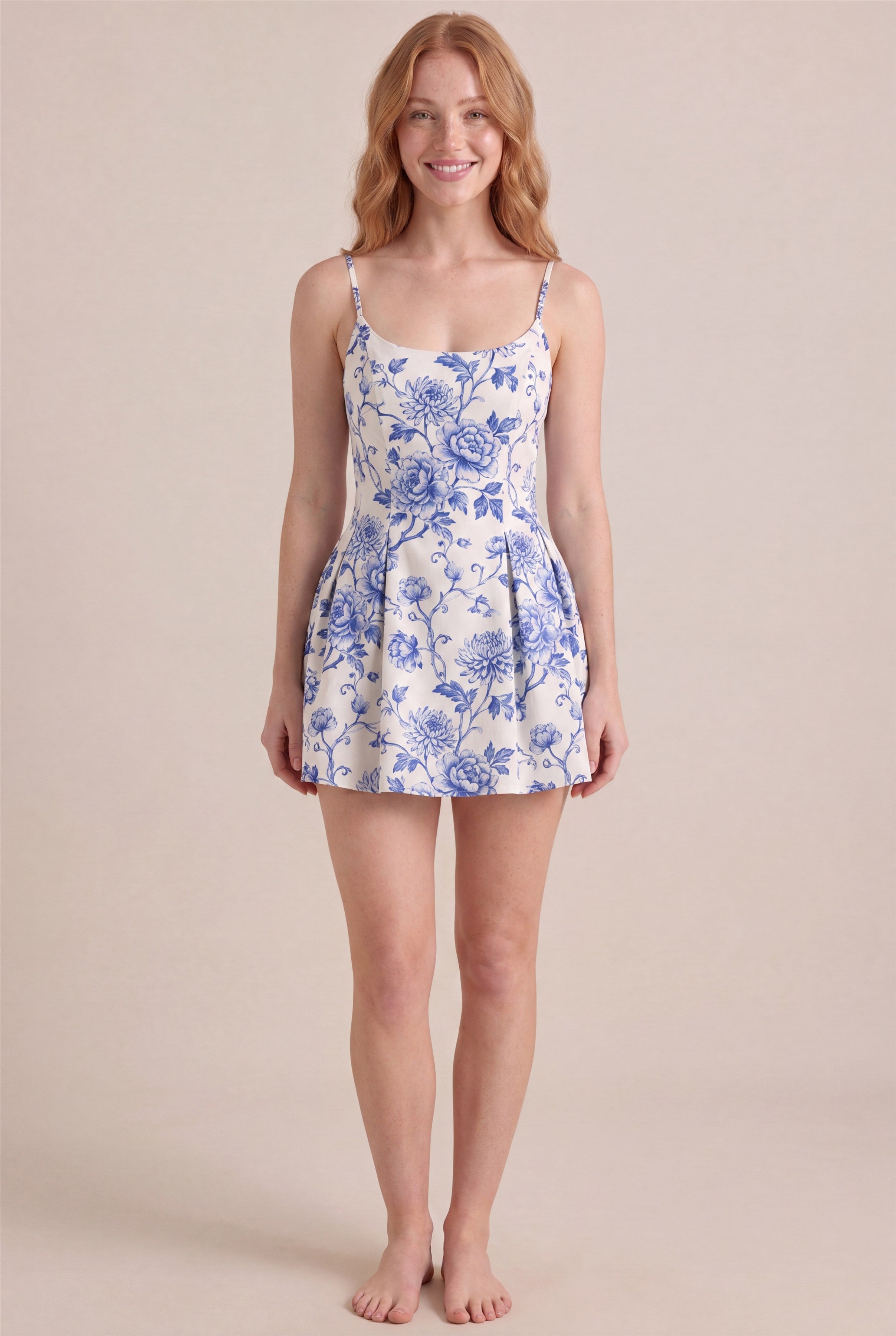 Porcelain Blue Floral Dress – Regular scoop neckline, mini length, front view