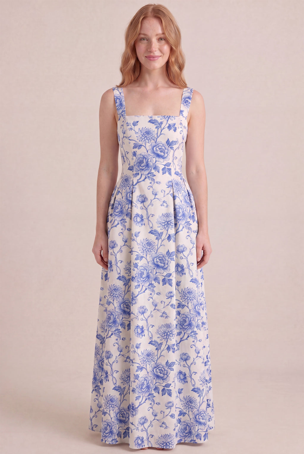 Porcelain Blue Floral Dress – Square neckline thick straps, maxi length, front view
