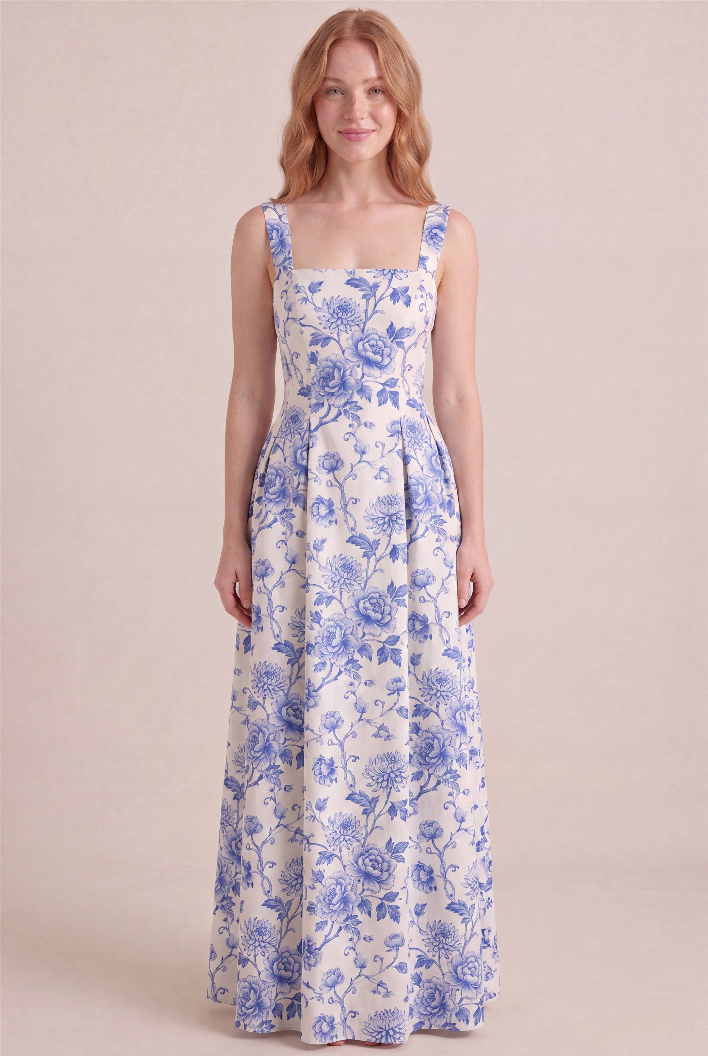 Porcelain Blue Floral Dress – Square neckline thick straps, maxi length, front view