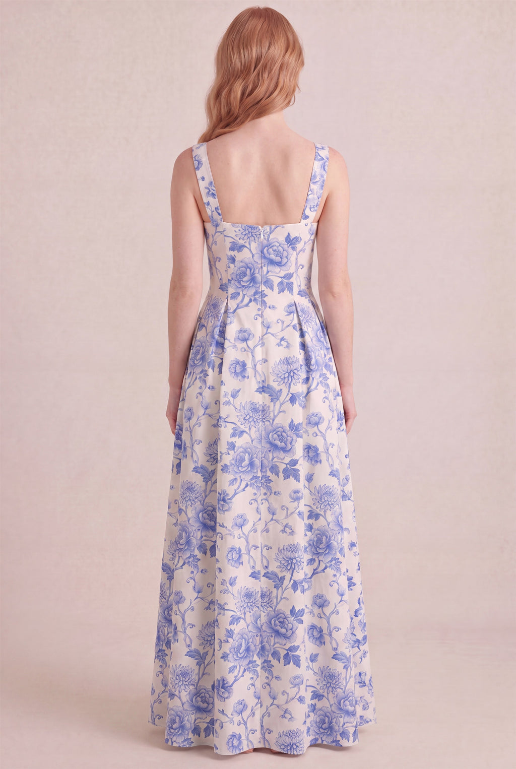 Porcelain Blue Floral Dress – Square neck thick straps back, maxi length, back view