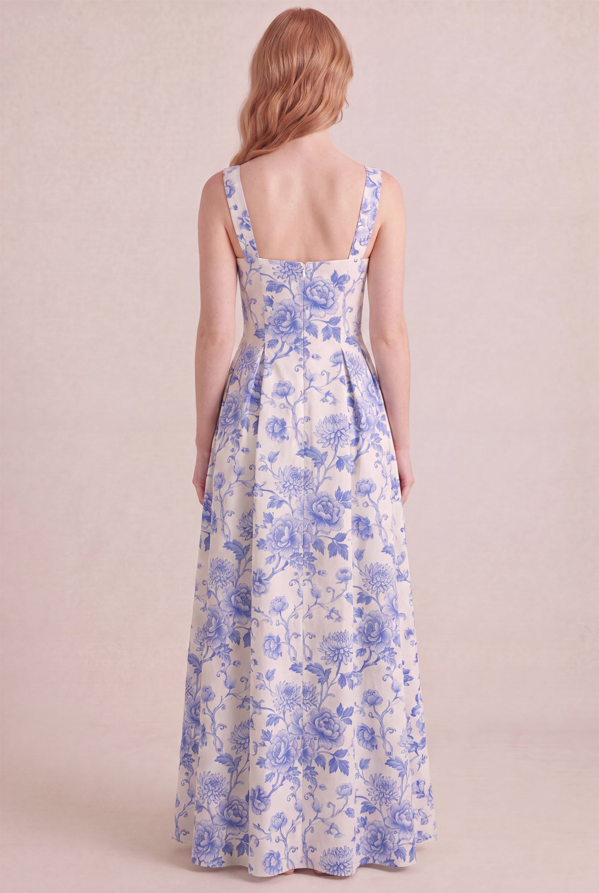 Porcelain Blue Floral Dress – Square neck thick straps back, maxi length, back view