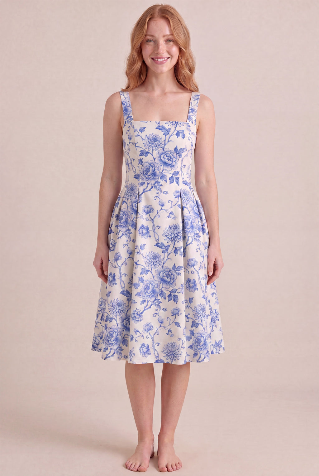 Porcelain Blue Floral Dress – Square neckline thick straps, midi length, front view