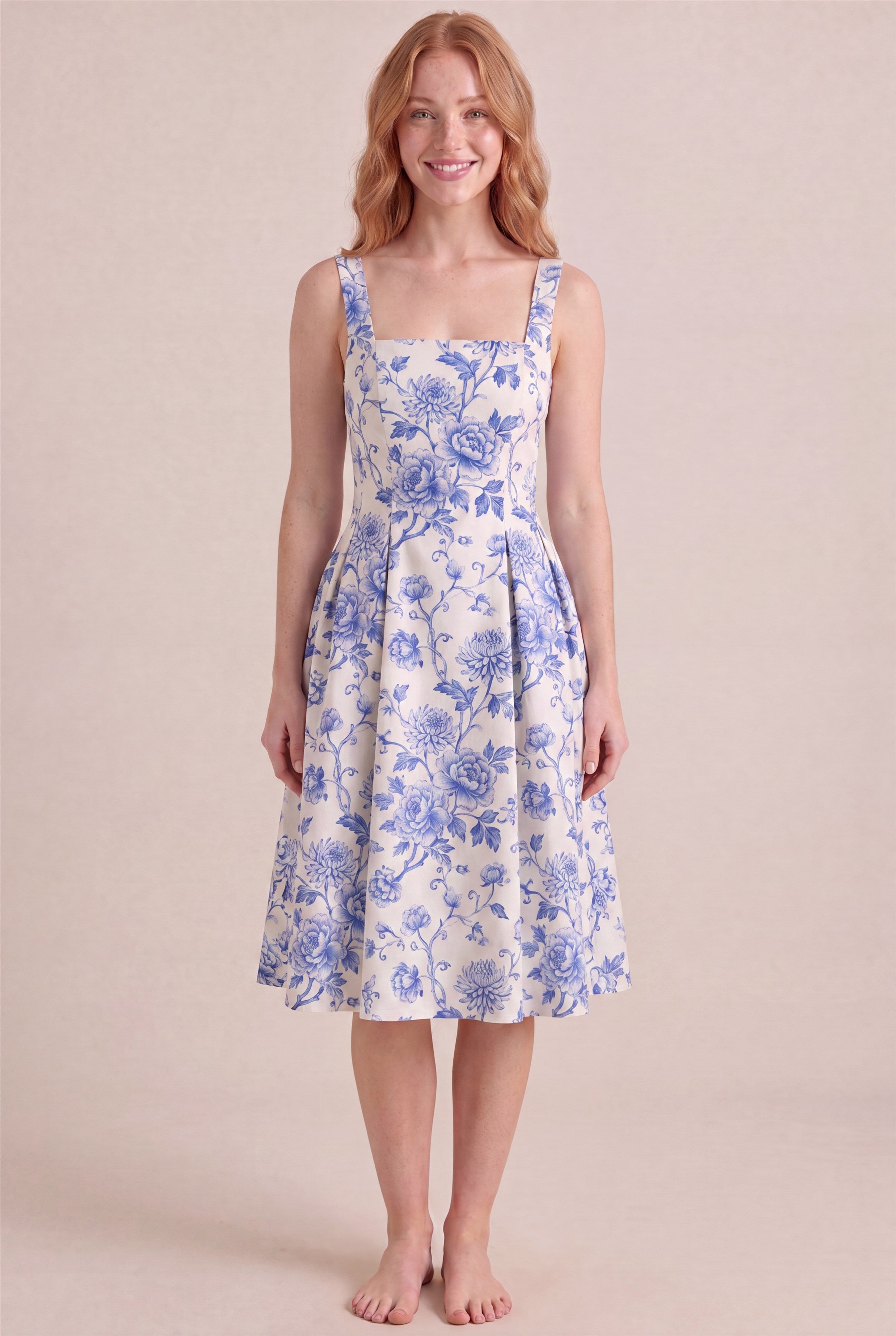 Porcelain Blue Floral Dress – Square neckline thick straps, midi length, front view