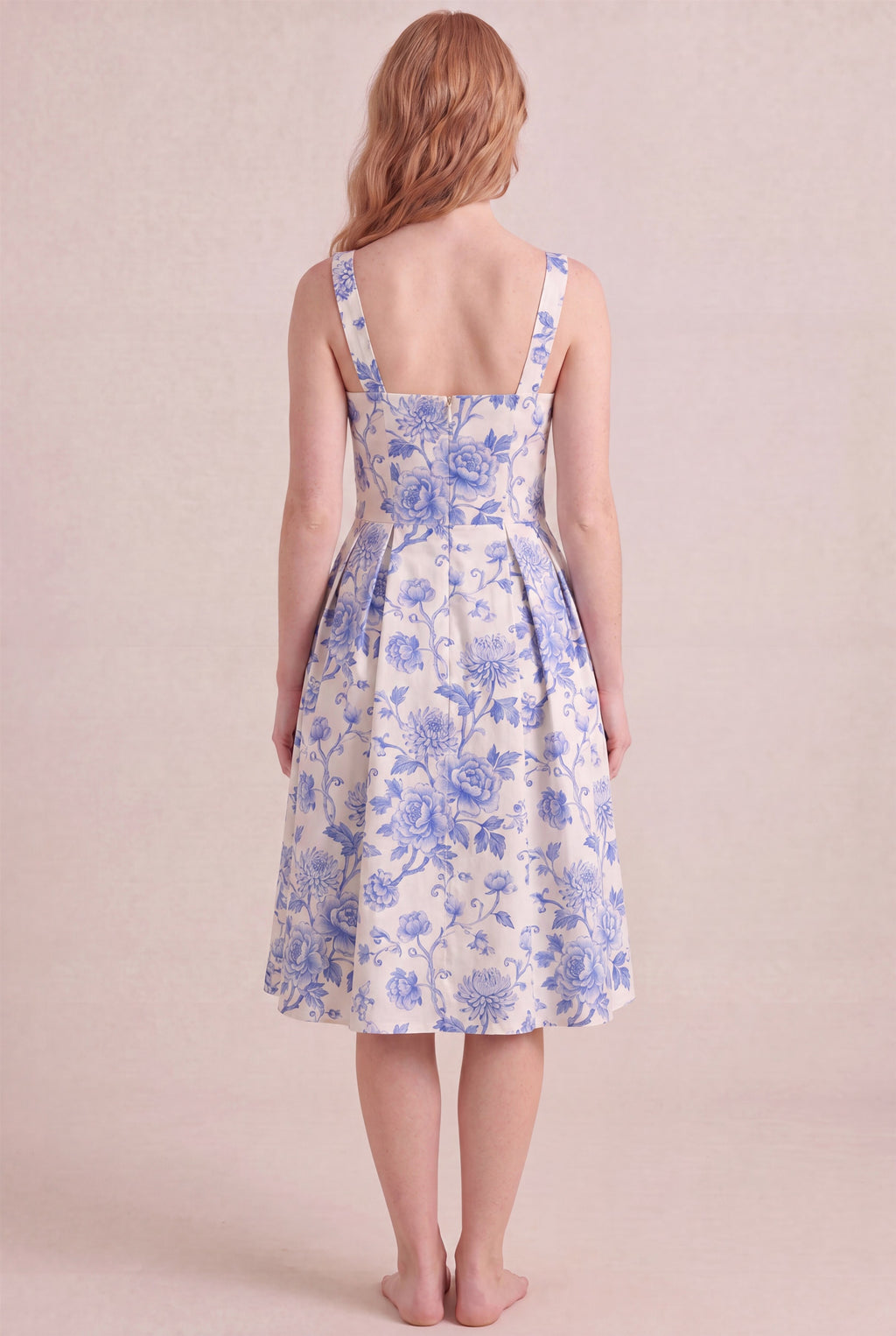 Porcelain Blue Floral Dress – Square neck thick straps back, midi length, back view