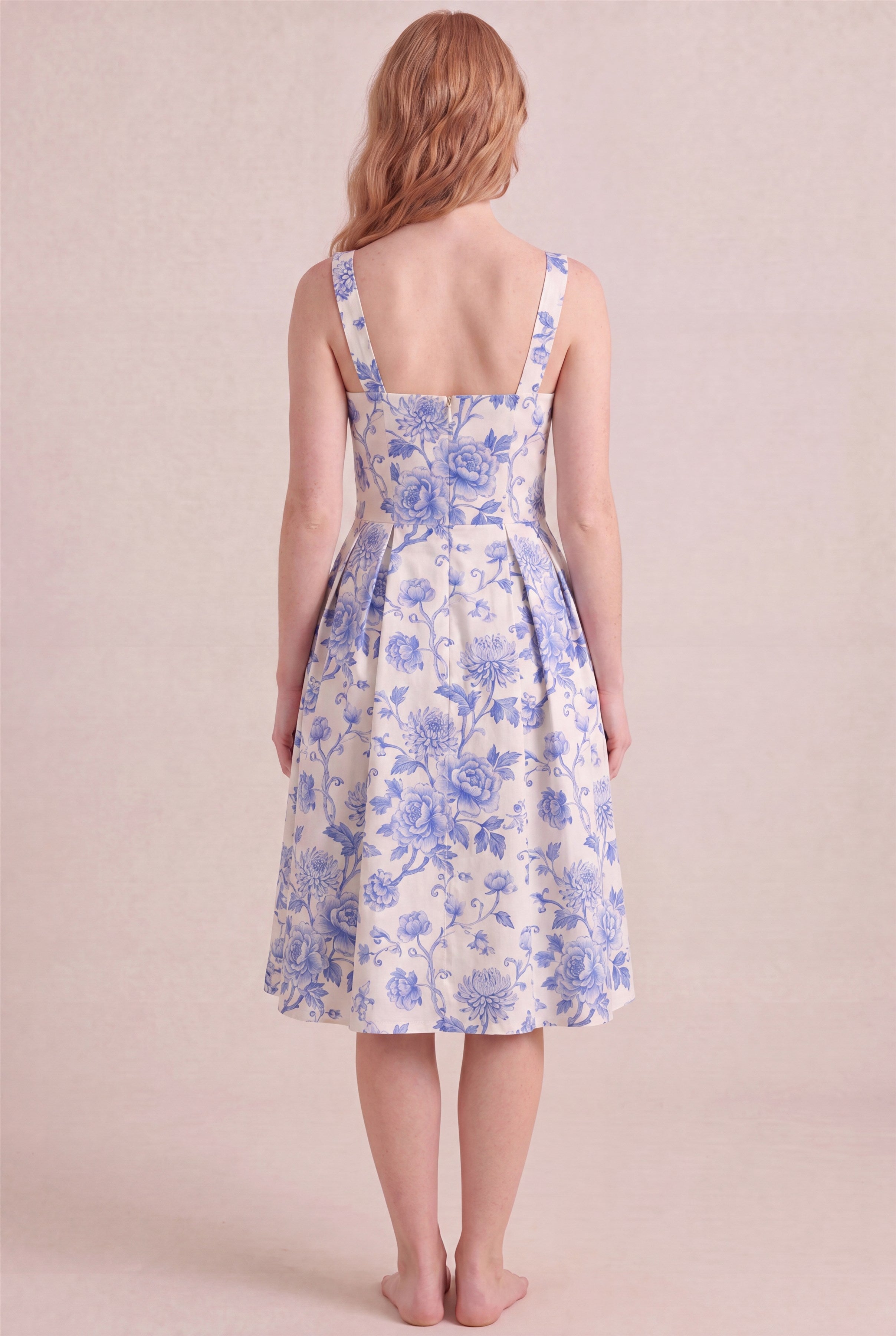 Porcelain Blue Floral Dress – Square neck thick straps back, midi length, back view