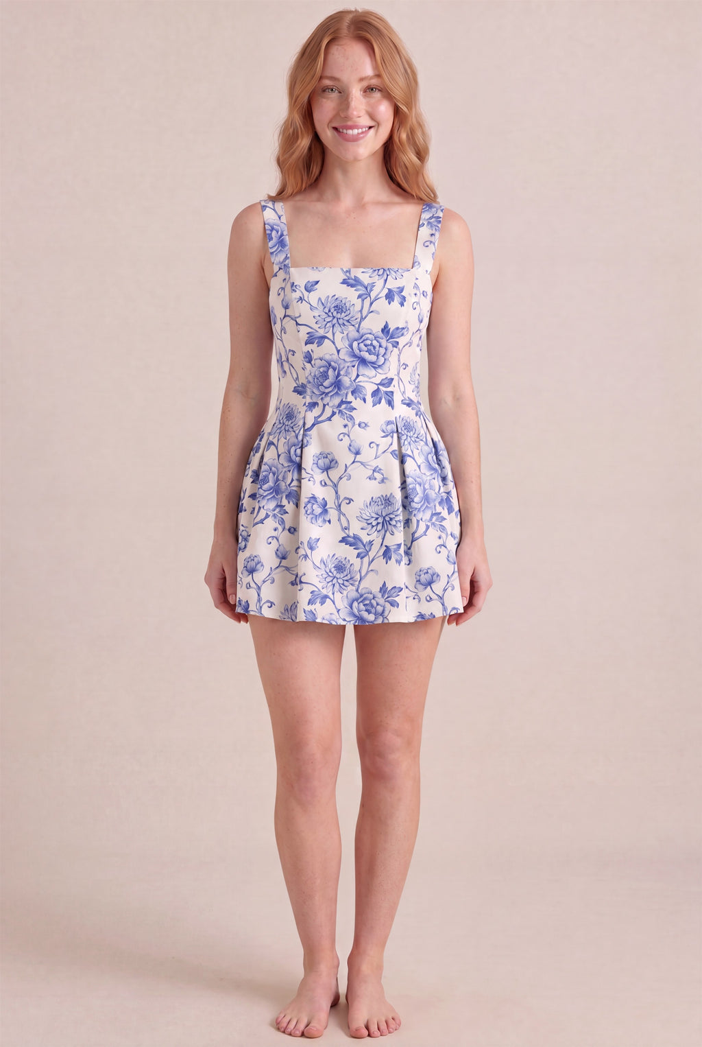 Porcelain Blue Floral Dress – Square neckline thick straps, mini length, front view