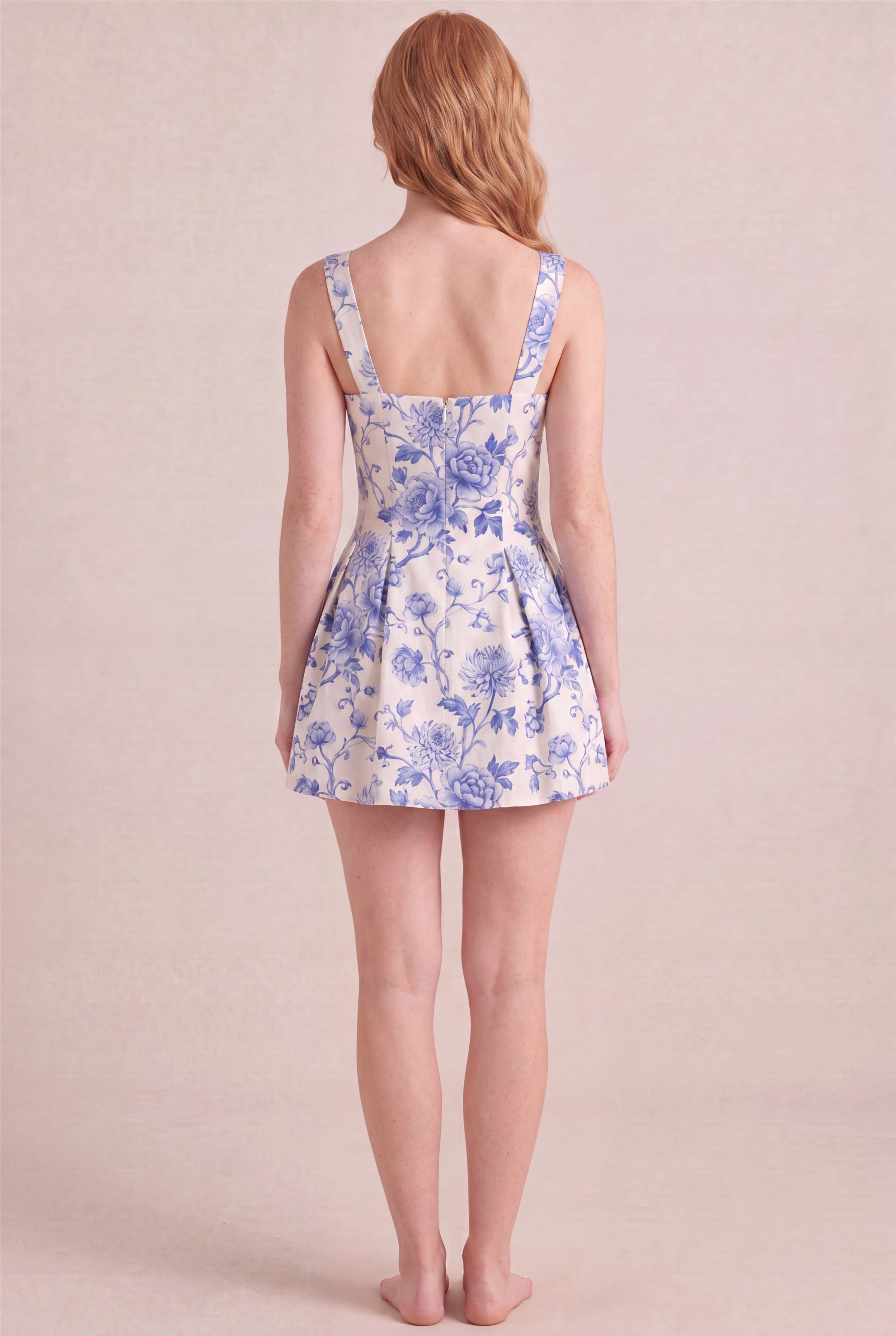 Porcelain Blue Floral Dress – Square neck thick straps back, mini length, back view