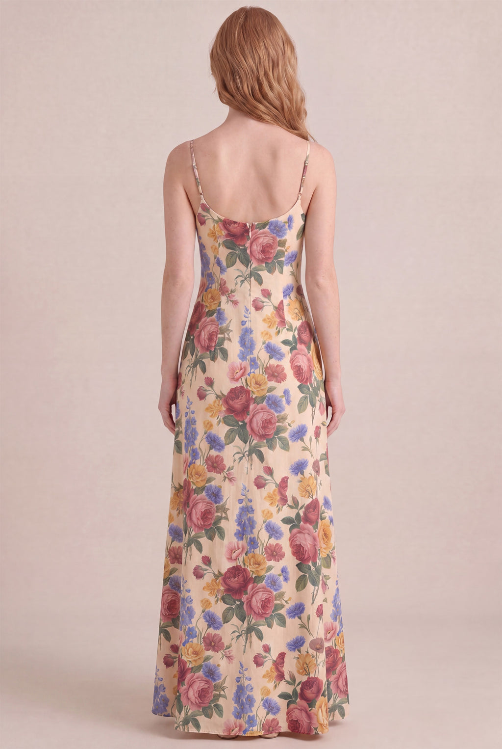 Vintage Rose Floral Dress - Regular scoop neck, maxi length, back view