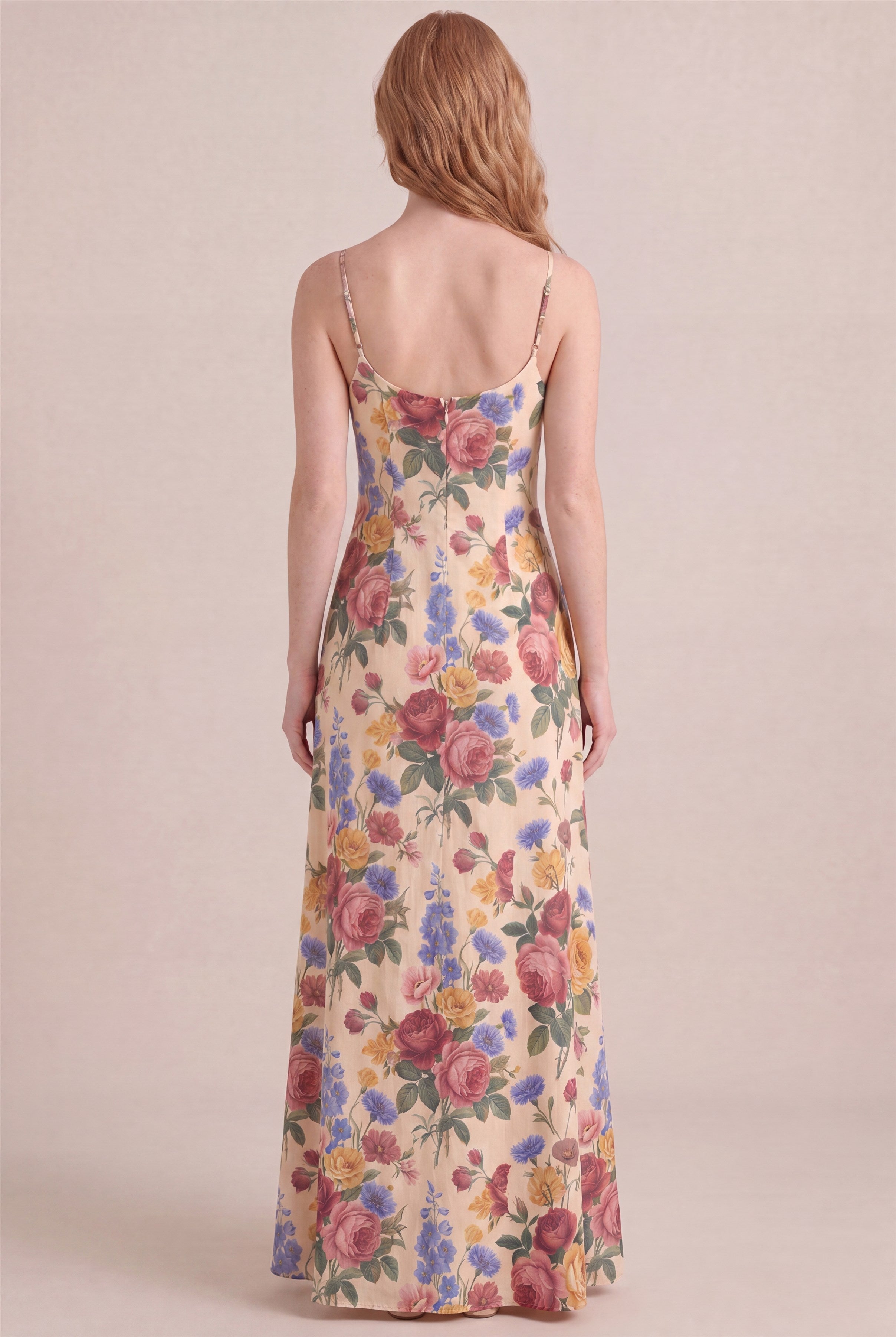 Vintage Rose Floral Dress - Regular scoop neck, maxi length, back view