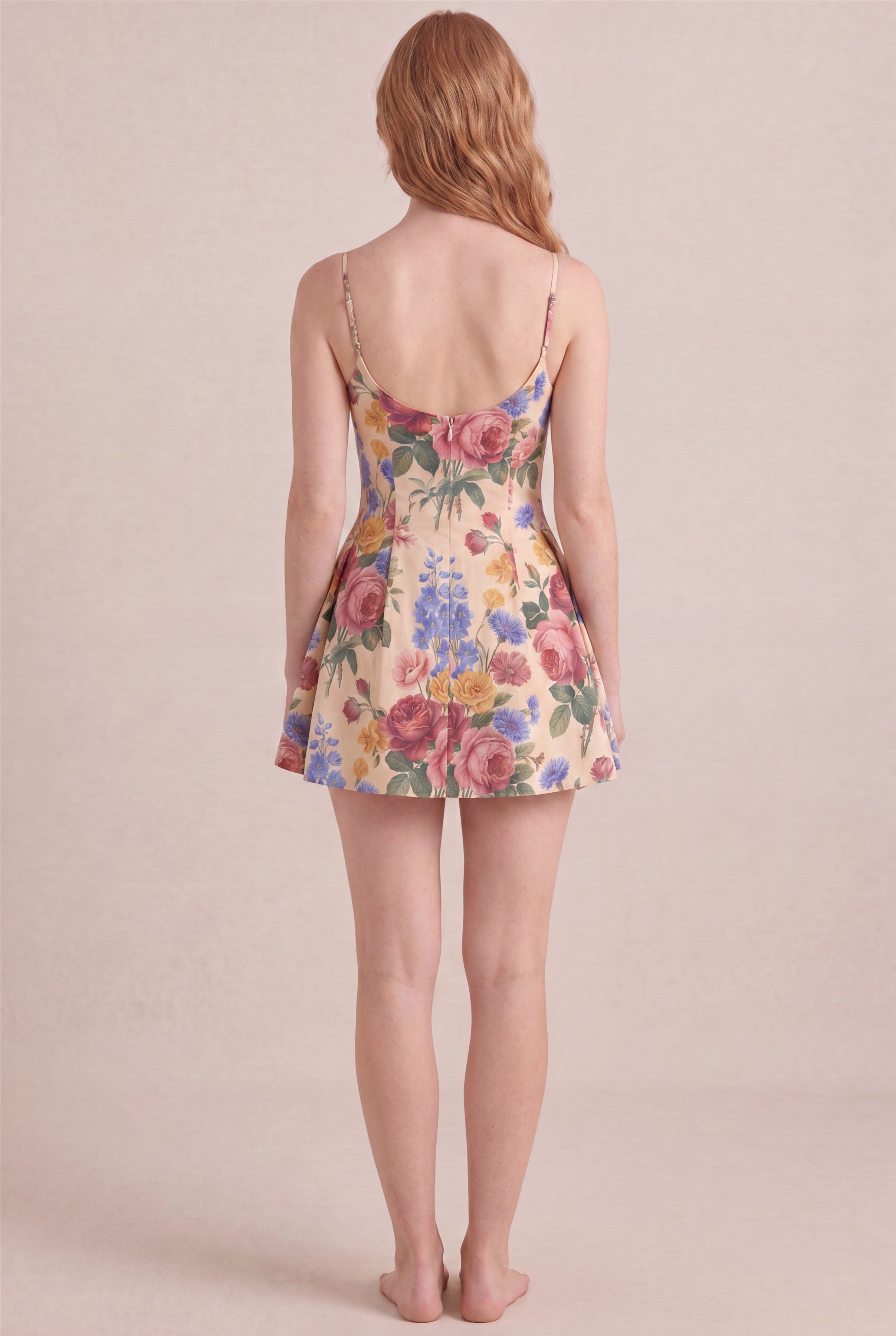 Vintage Rose Floral Dress – Regular scoop back, mini length, back view