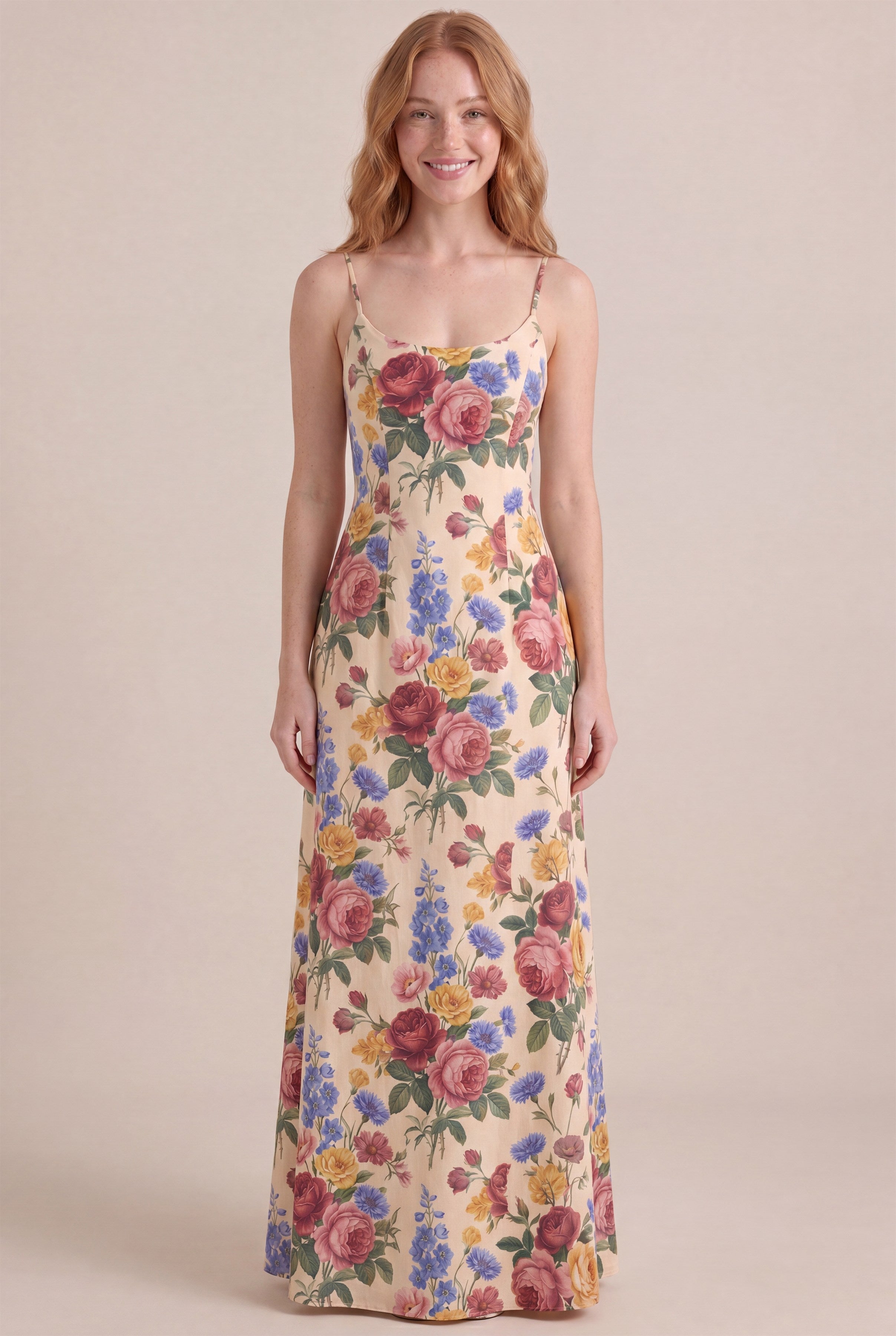 Vintage Rose Floral Dress – Regular scoop neckline, maxi length, front view