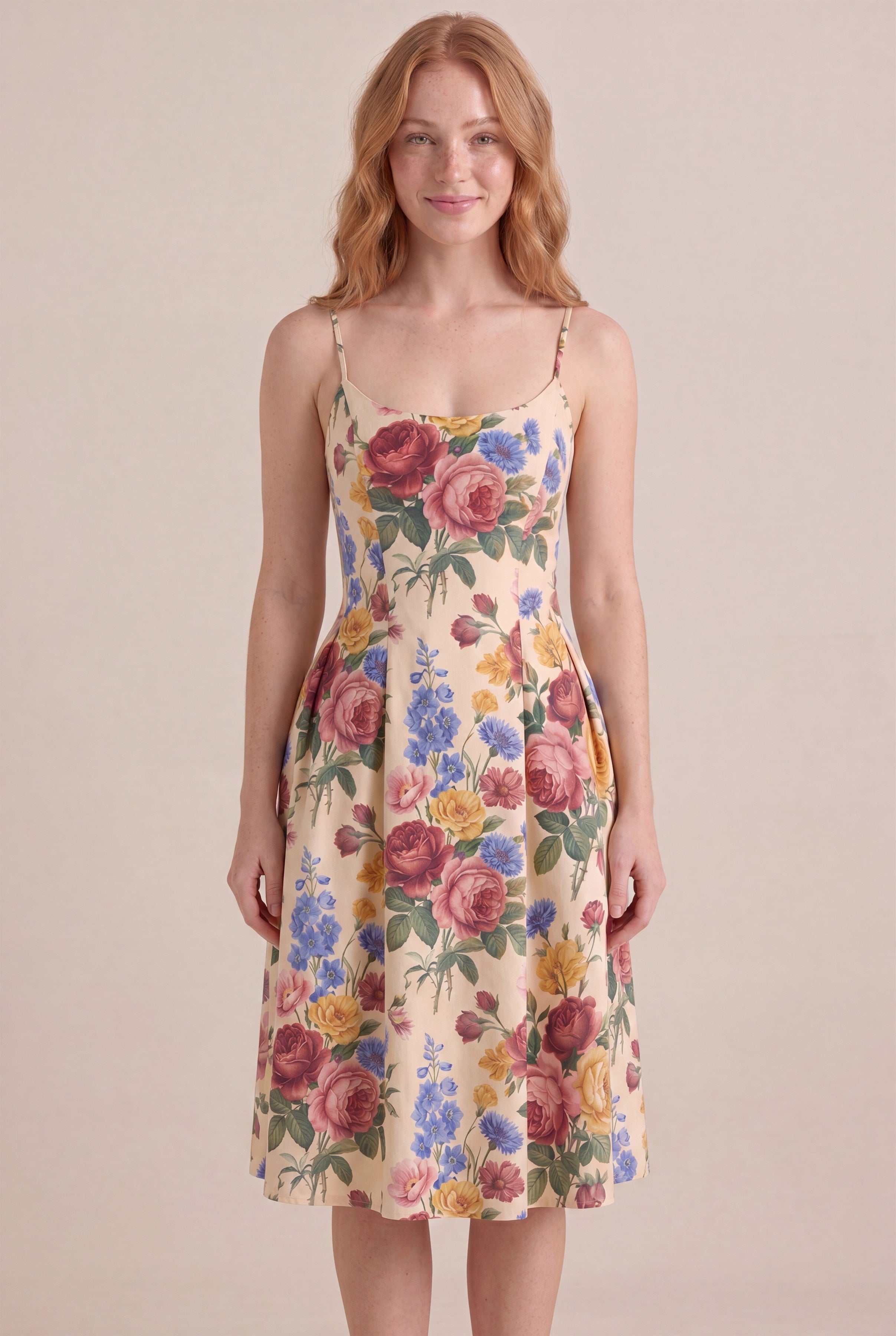 Vintage Rose Floral Dress – Regular scoop neckline, midi knee length, front view
