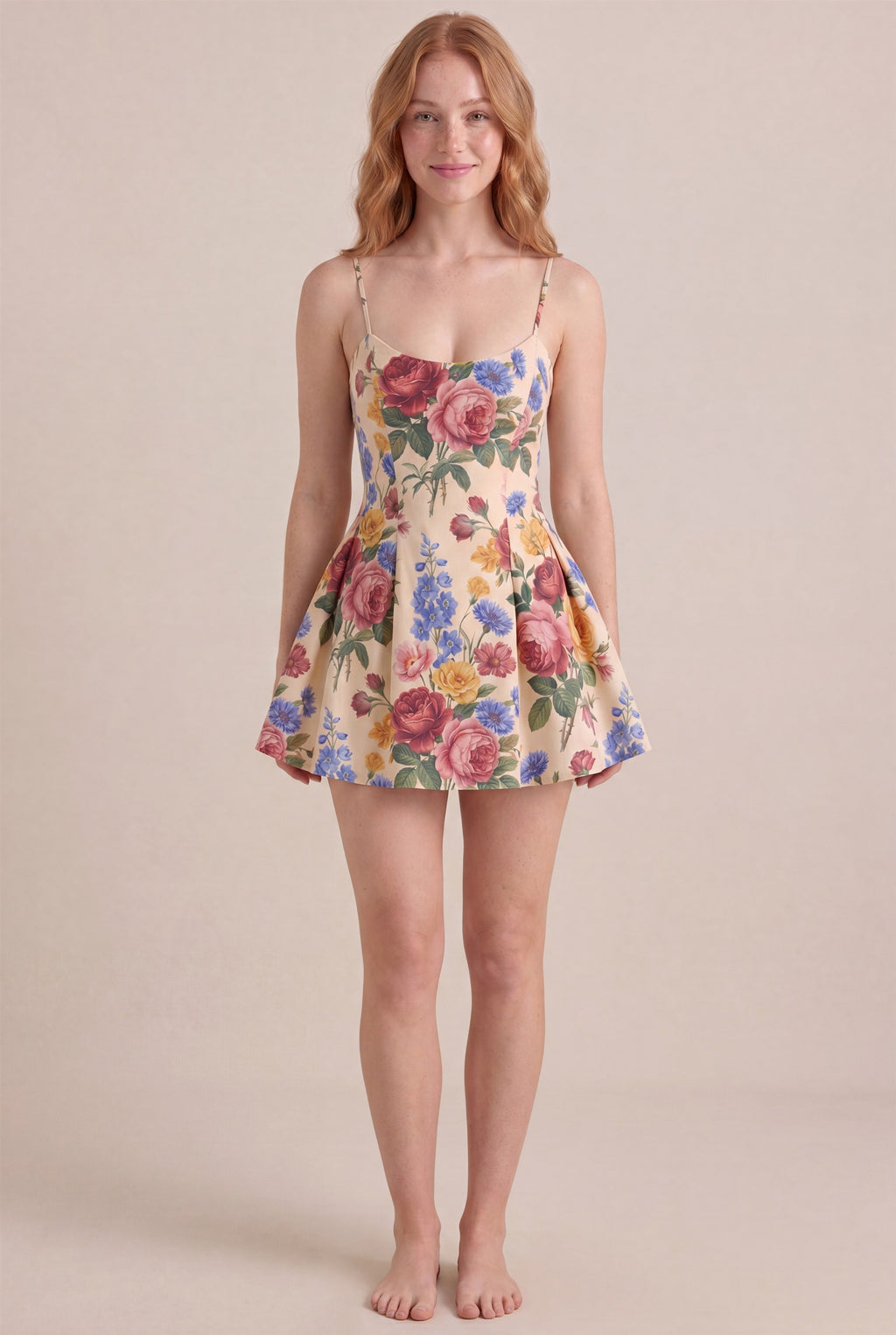Vintage Rose Floral Dress – Regular scoop neckline, mini length, front view