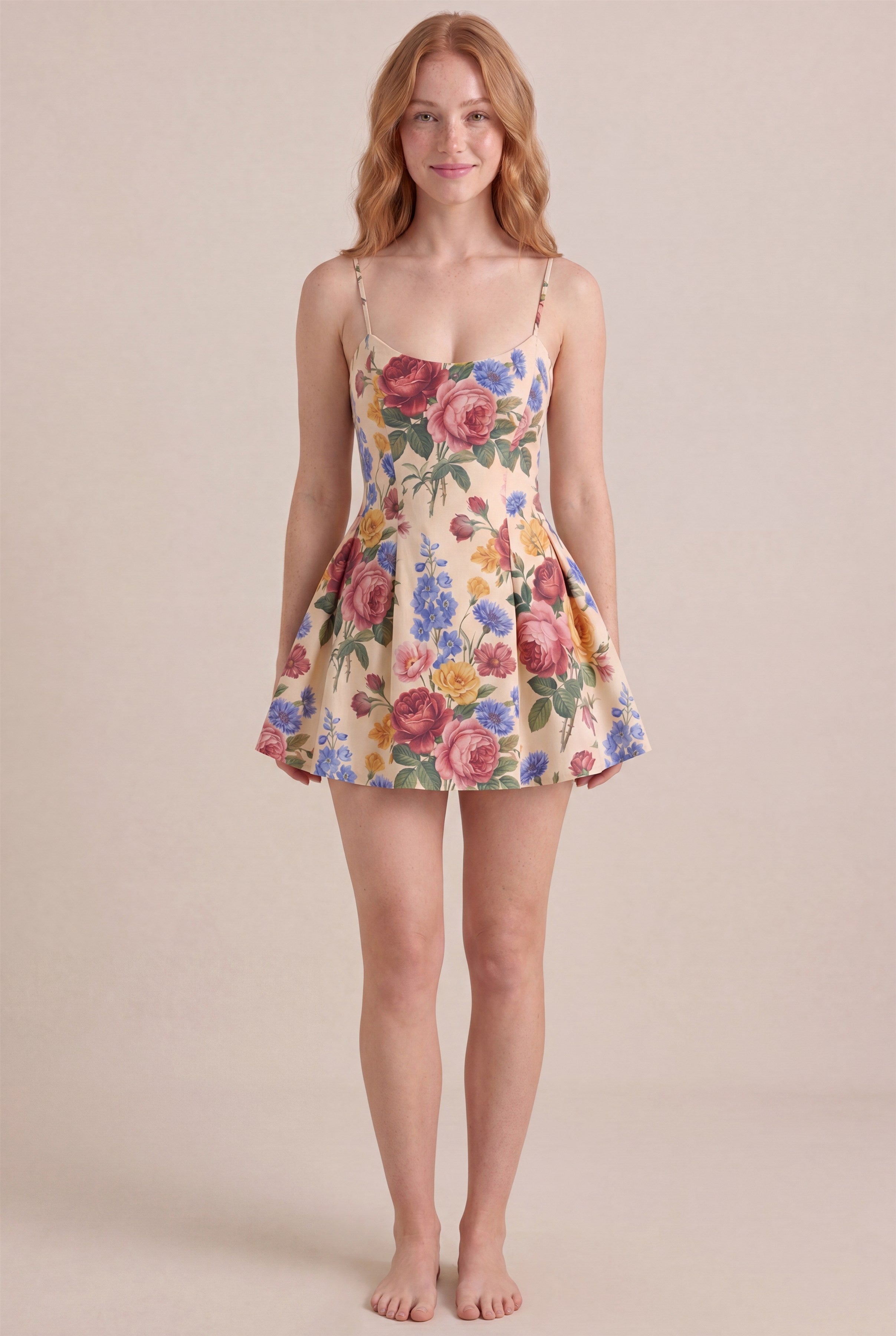 Vintage Rose Floral Dress – Regular scoop neckline, mini length, front view